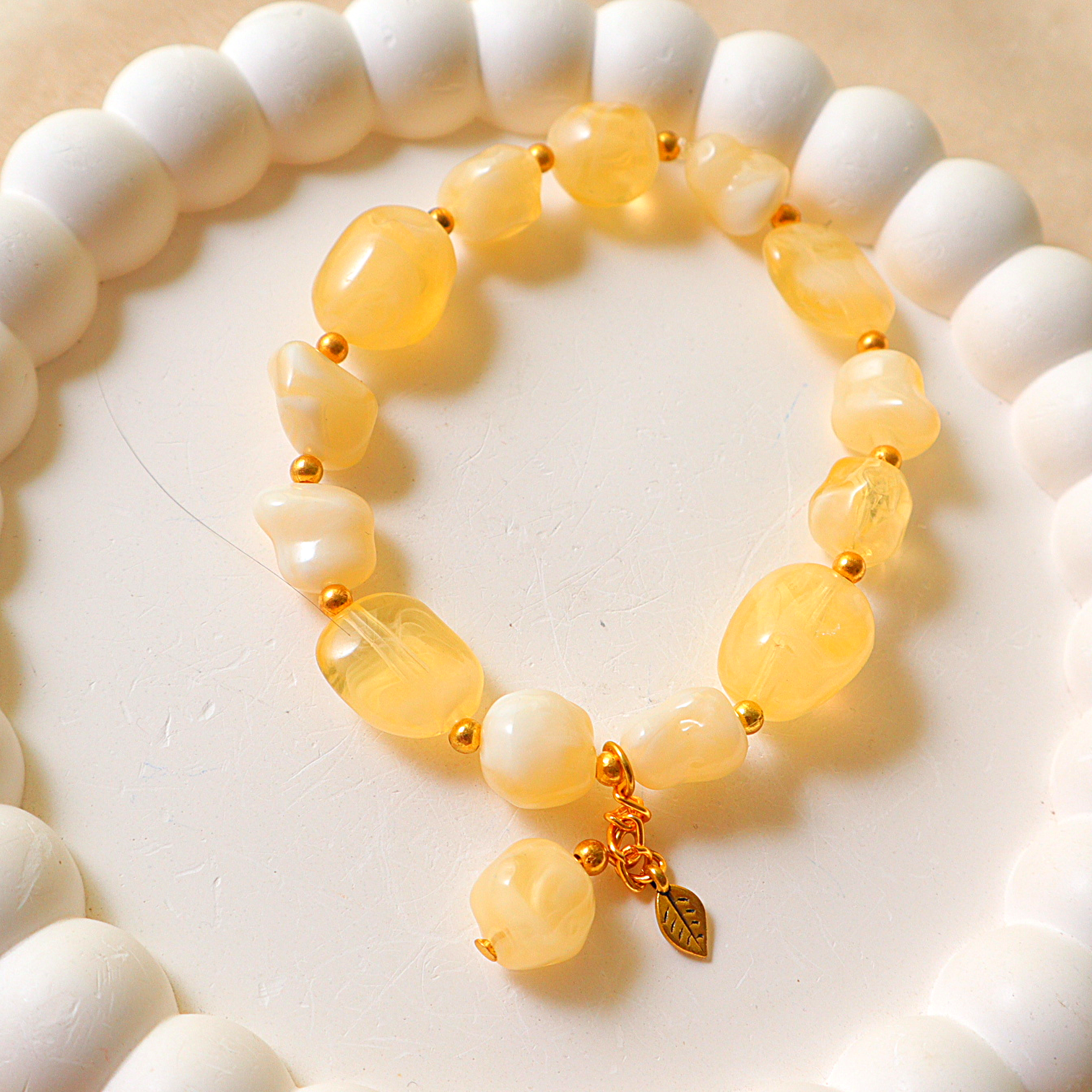 Handmade Honey Amber Yellow Marble Bead Bracelet with Gold Leaf Charm