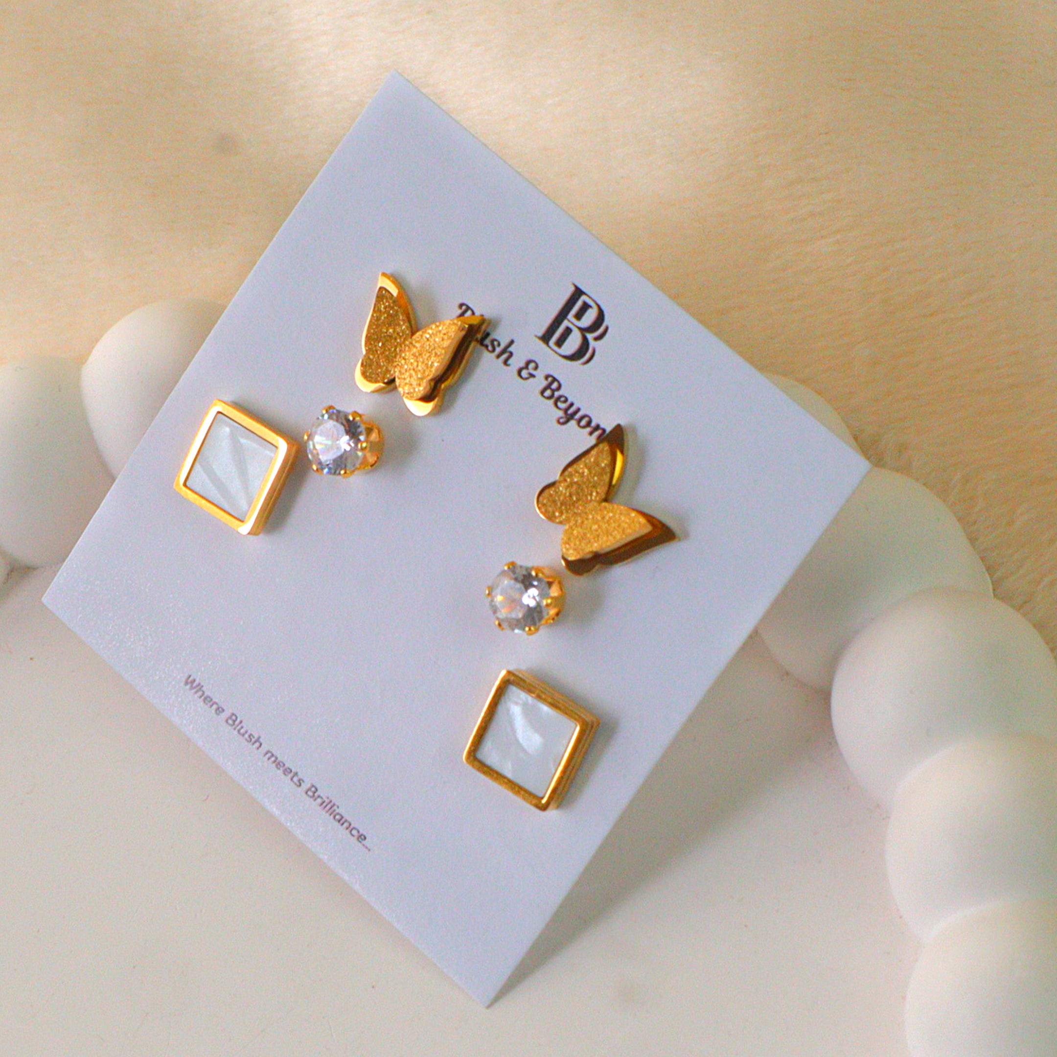 Gold Earring 3 Pairs Anti-Tarnish Studs