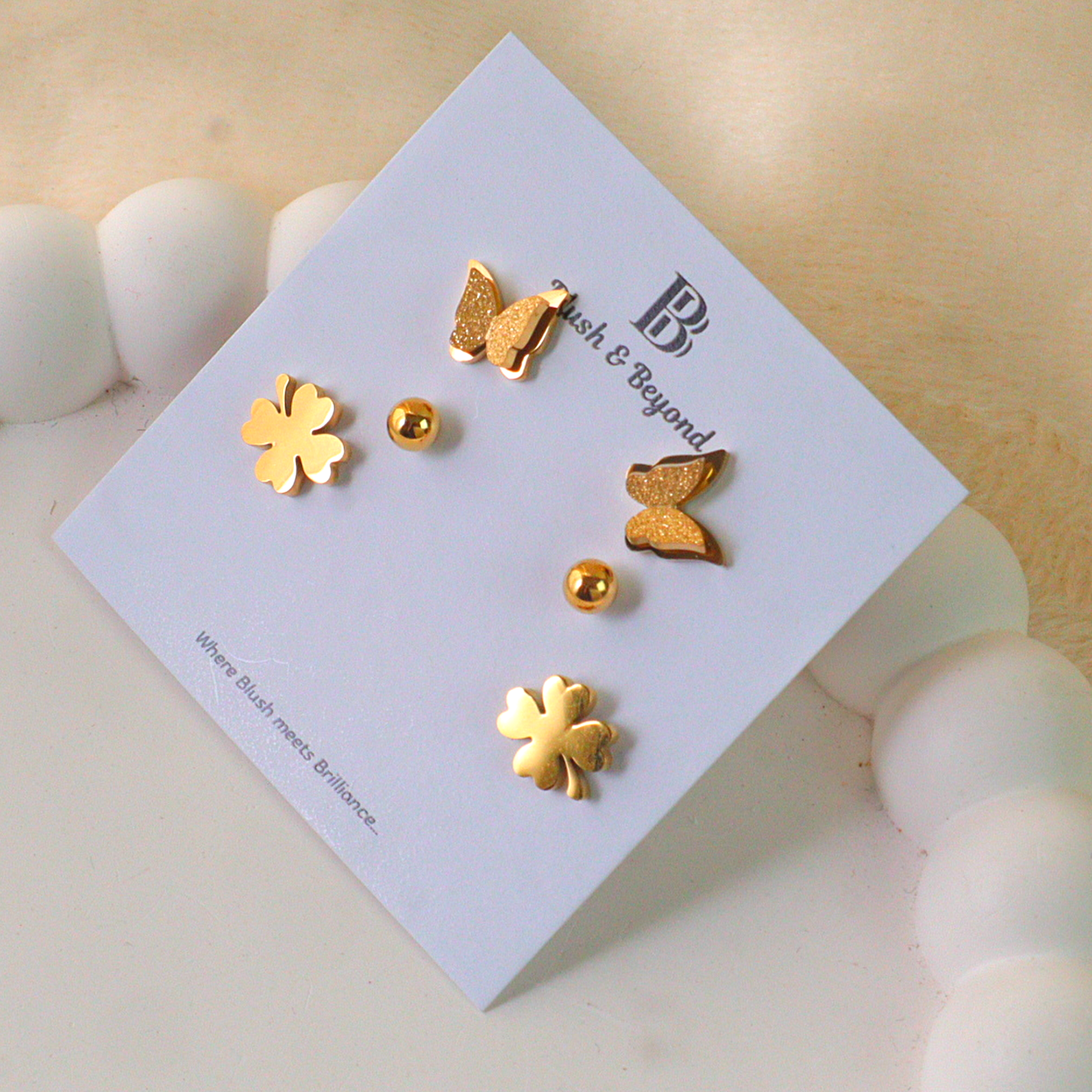 Gold Earring 3 Pairs Anti-Tarnish Studs