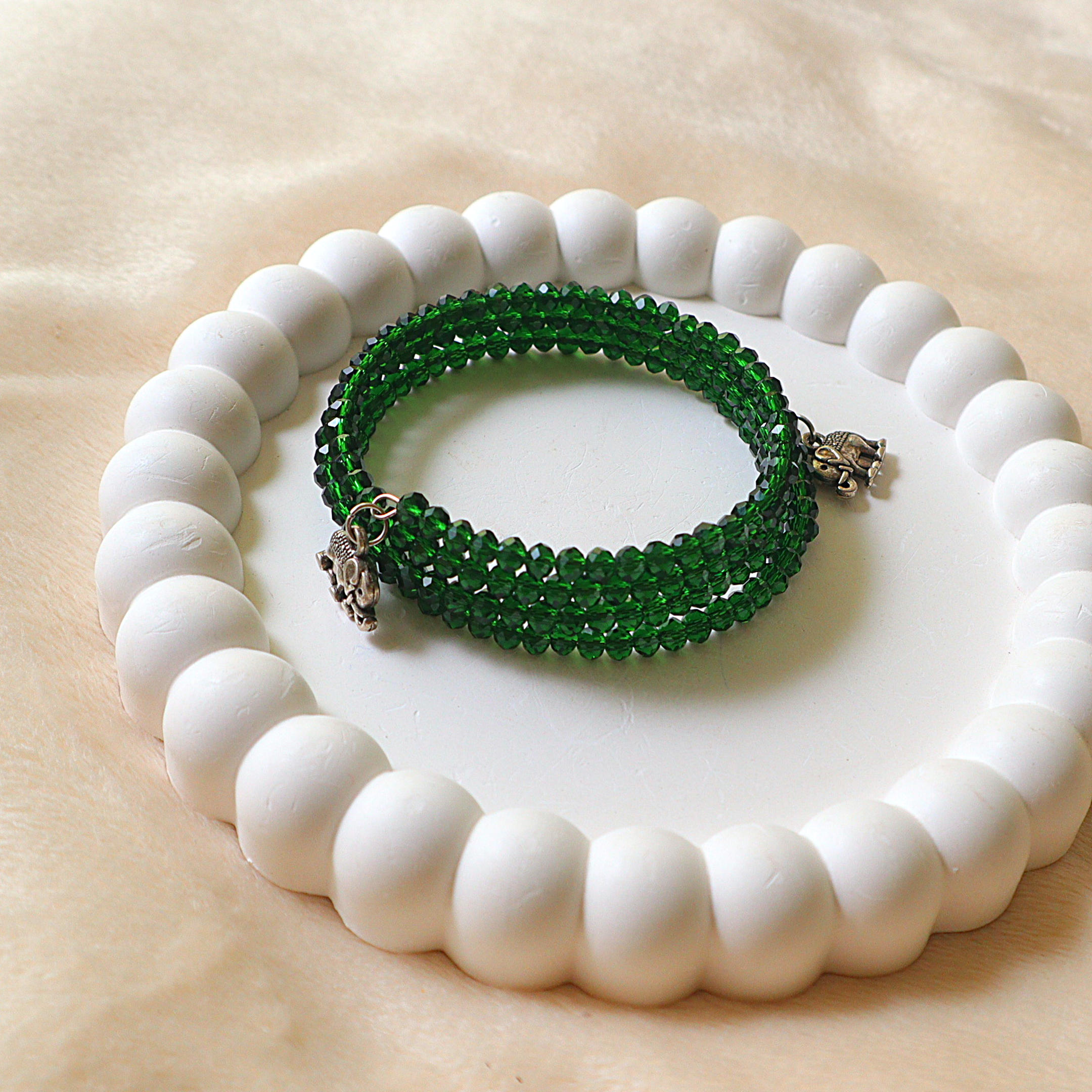Handmade Emerald Green Crystal Bead Wrap Bracelet with Silver Elephant Charms