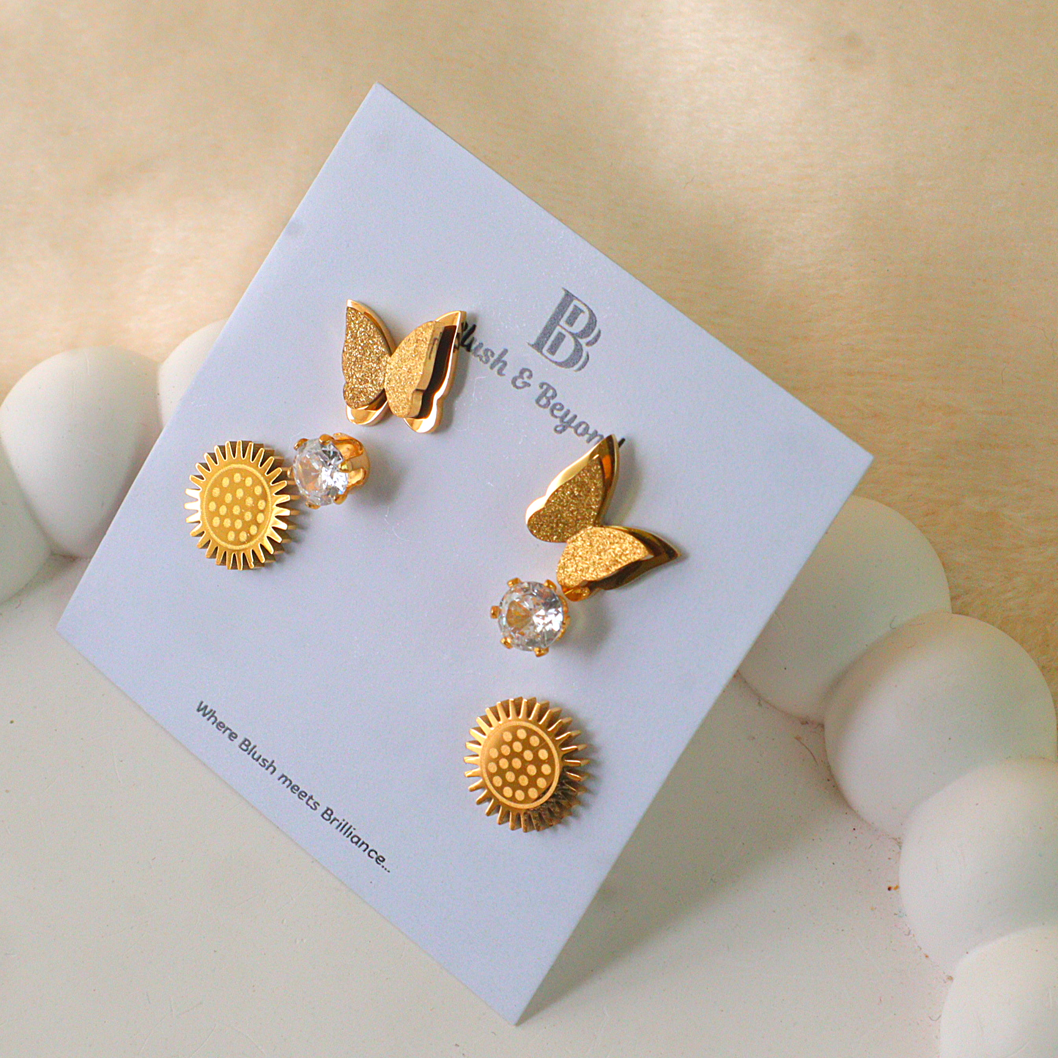 Gold Earring 3 Pairs Anti-Tarnish Studs