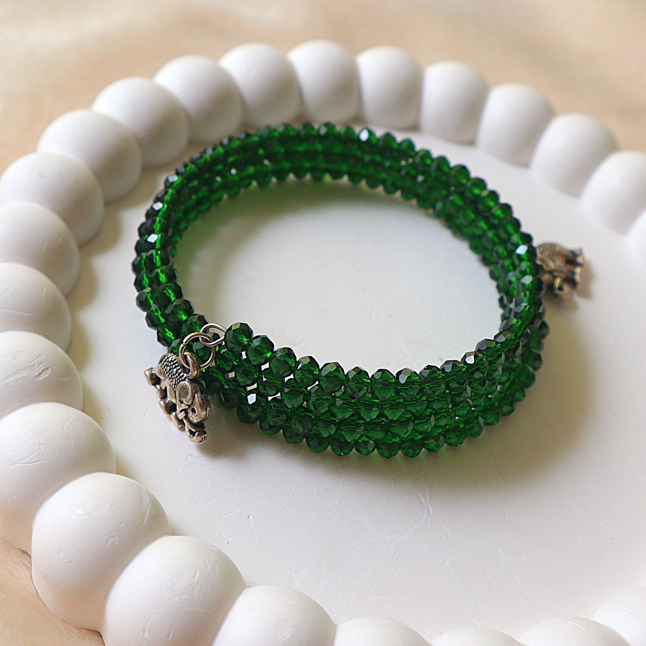 Handmade Emerald Green Crystal Bead Wrap Bracelet with Silver Elephant Charms