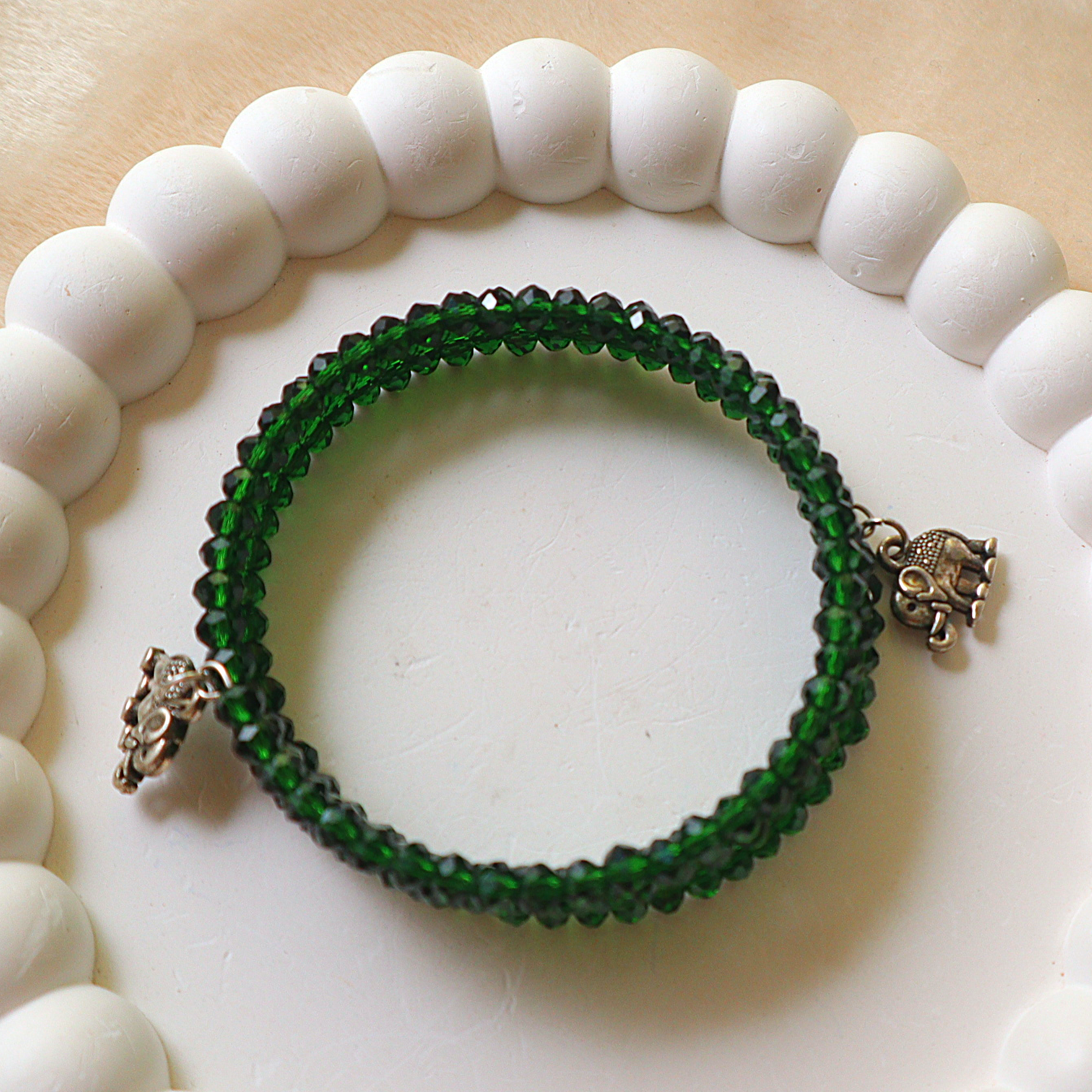 Handmade Emerald Green Crystal Bead Wrap Bracelet with Silver Elephant Charms