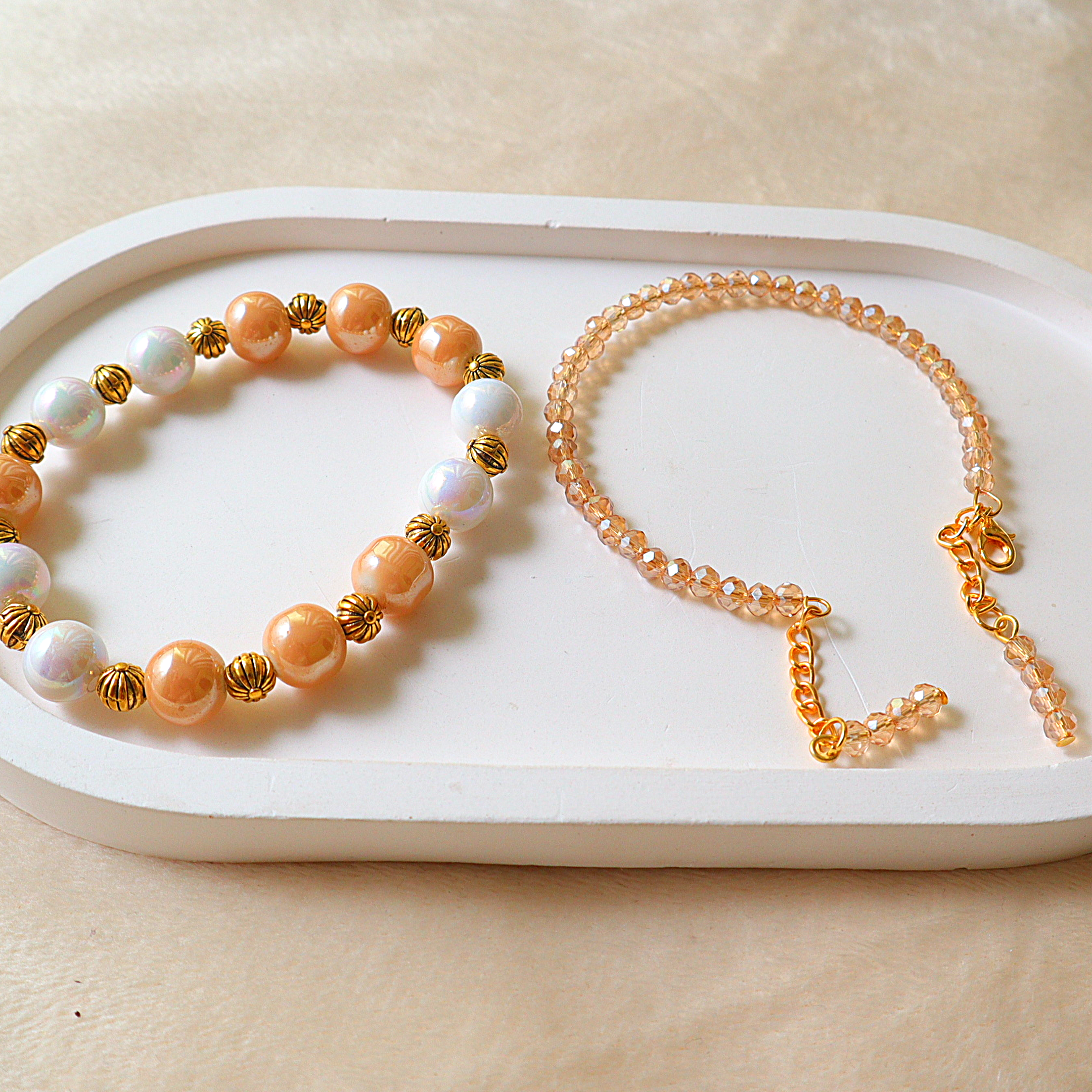 Gilded Sunset | 2-Pack Handcrafted Peach Pearl & Faceted Champagne Crystal Bracelet Stack