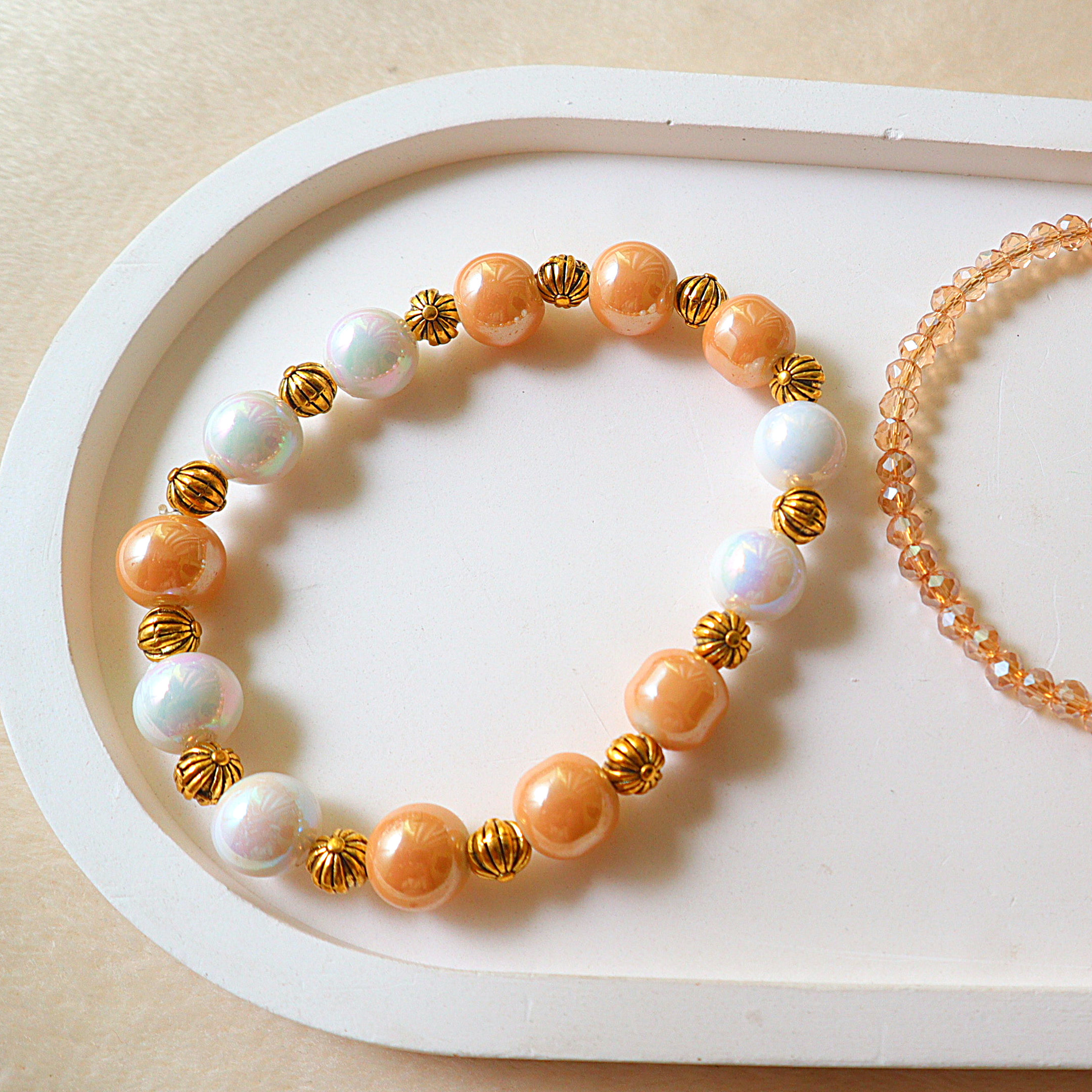 Gilded Sunset | 2-Pack Handcrafted Peach Pearl & Faceted Champagne Crystal Bracelet Stack