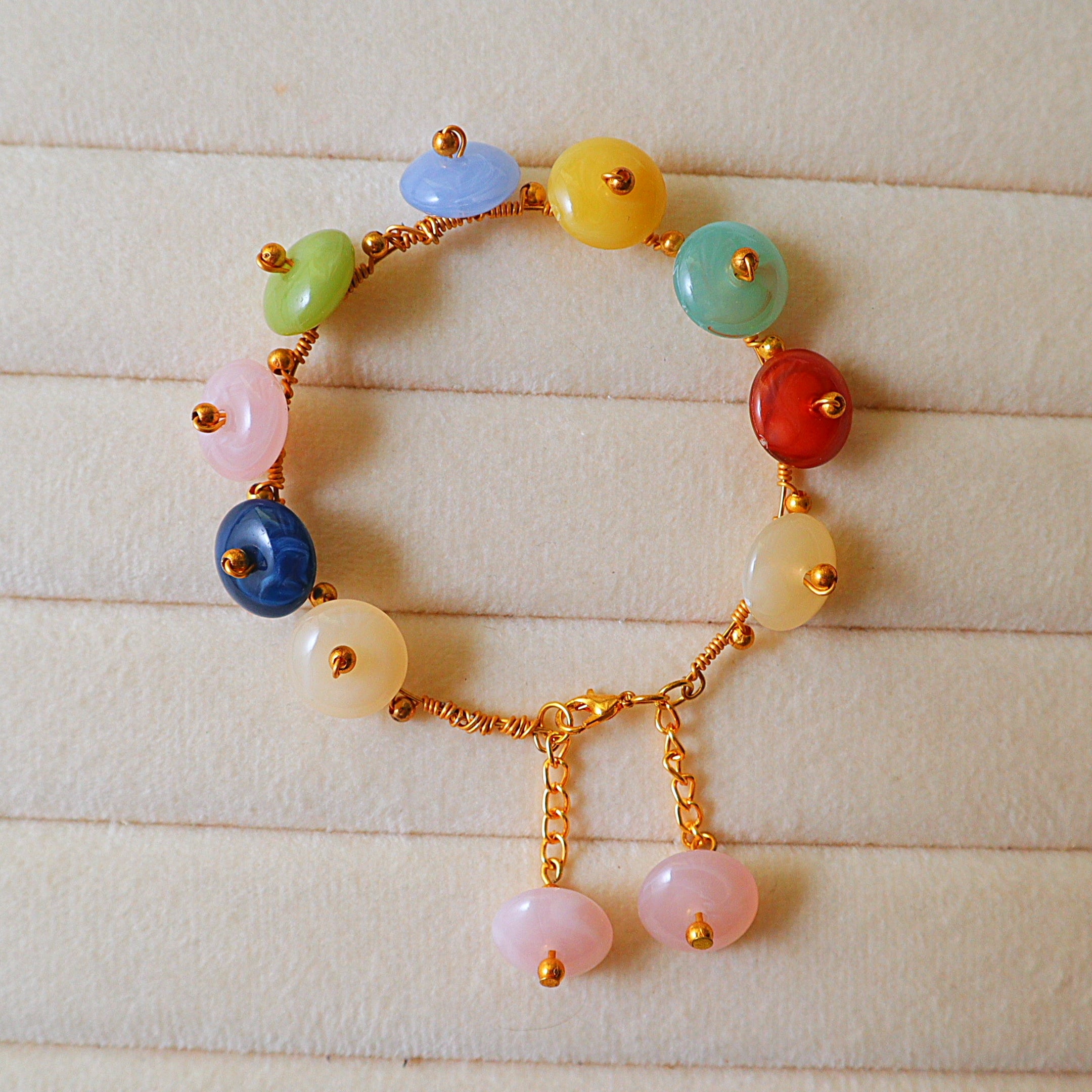Multi-Color Glass Donut Bead Bracelet with Wire-Wrapped Gold Chain