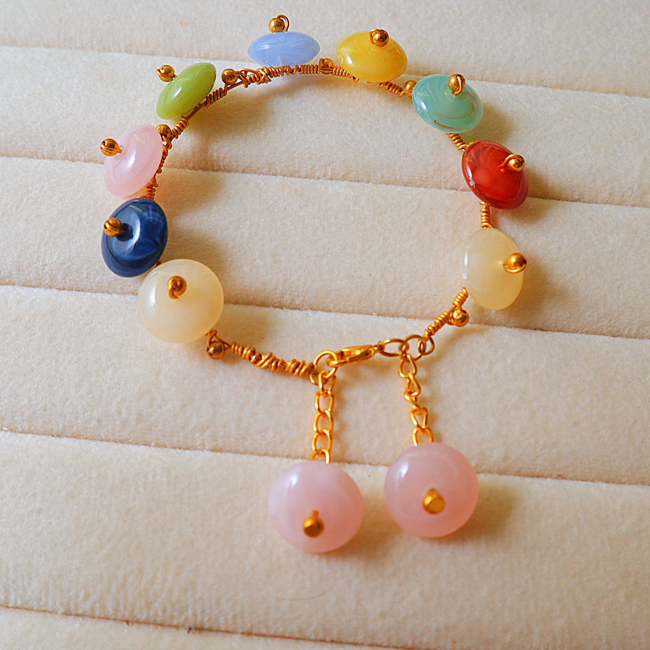 Multi-Color Glass Donut Bead Bracelet with Wire-Wrapped Gold Chain