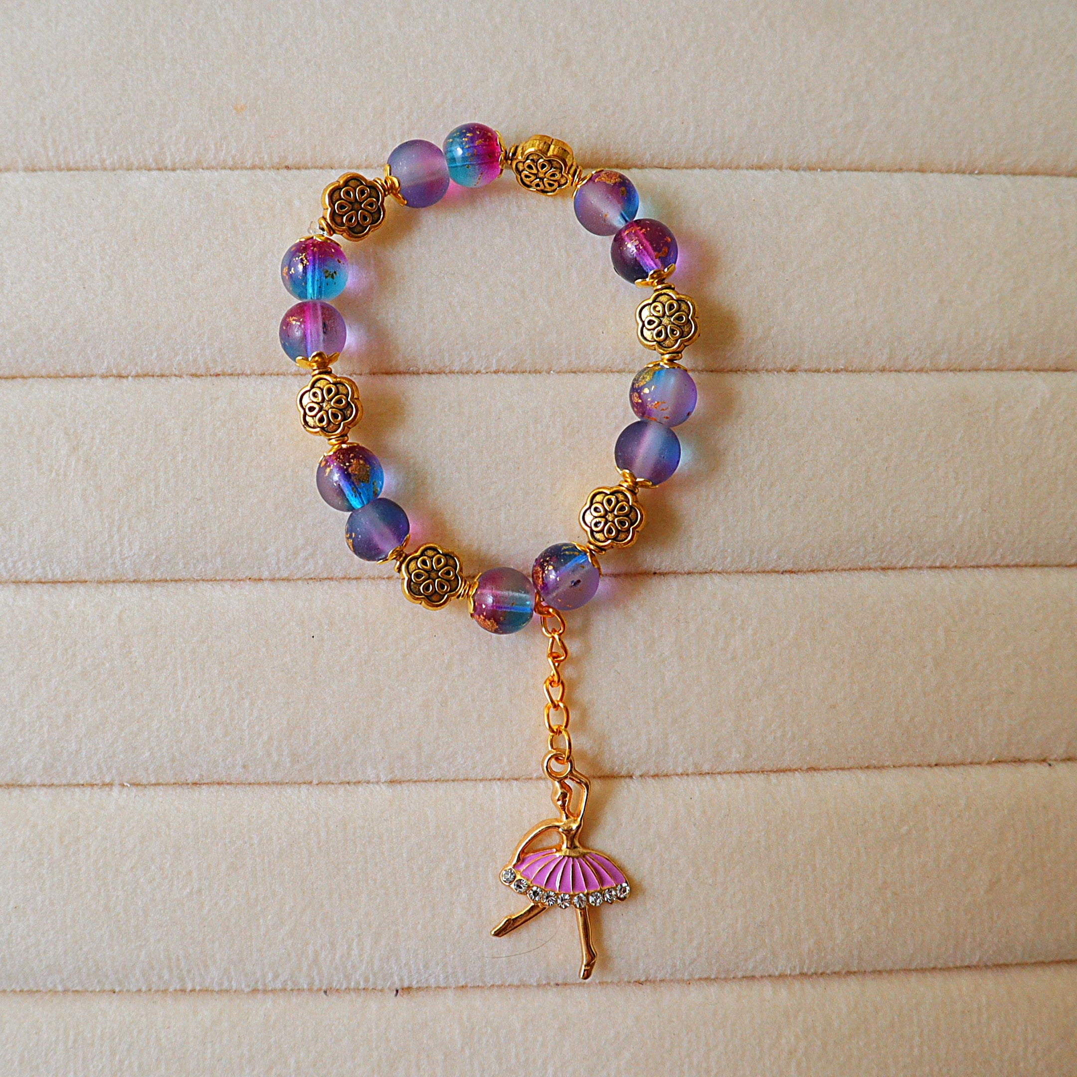 Celestial Purple & Blue Beaded Bracelet with Ballerina Pendant | Galaxy Crystal Stretch Bracelet