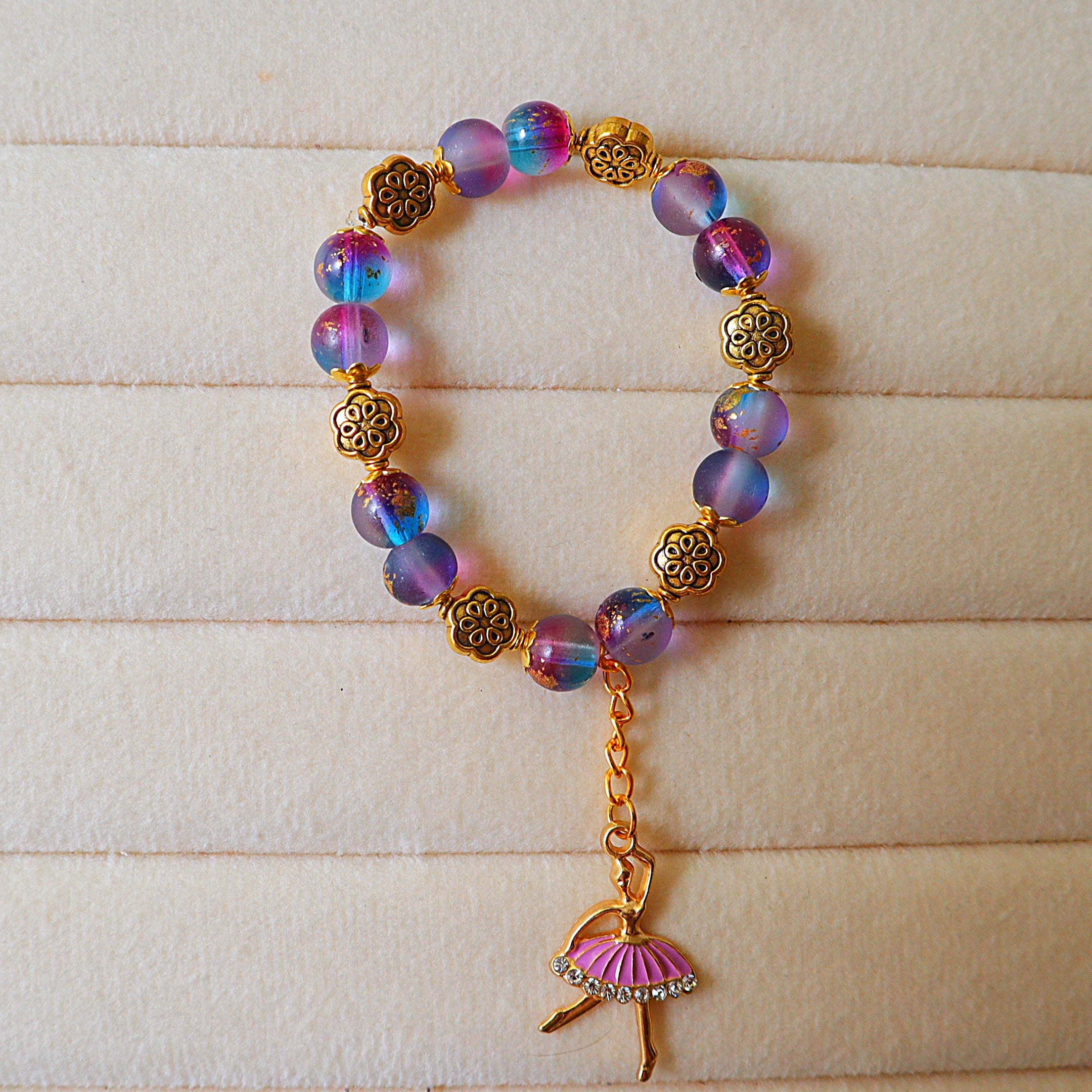 Celestial Purple & Blue Beaded Bracelet with Ballerina Pendant | Galaxy Crystal Stretch Bracelet