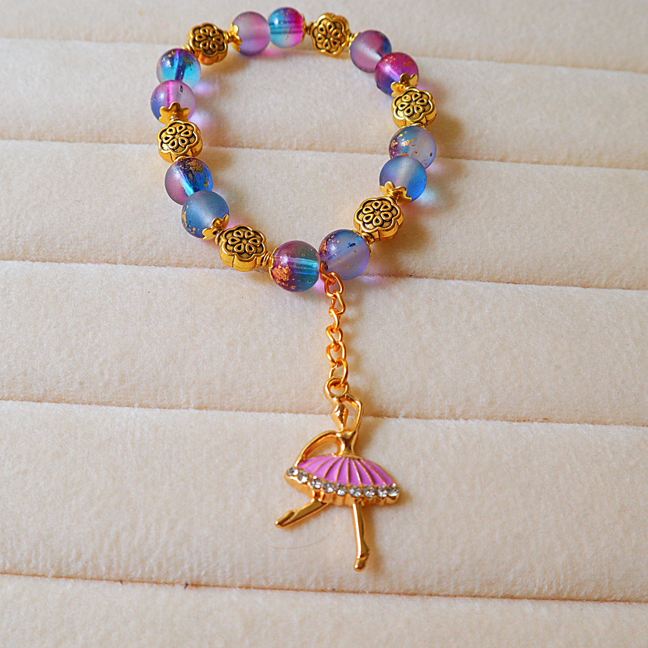 Celestial Purple & Blue Beaded Bracelet with Ballerina Pendant | Galaxy Crystal Stretch Bracelet