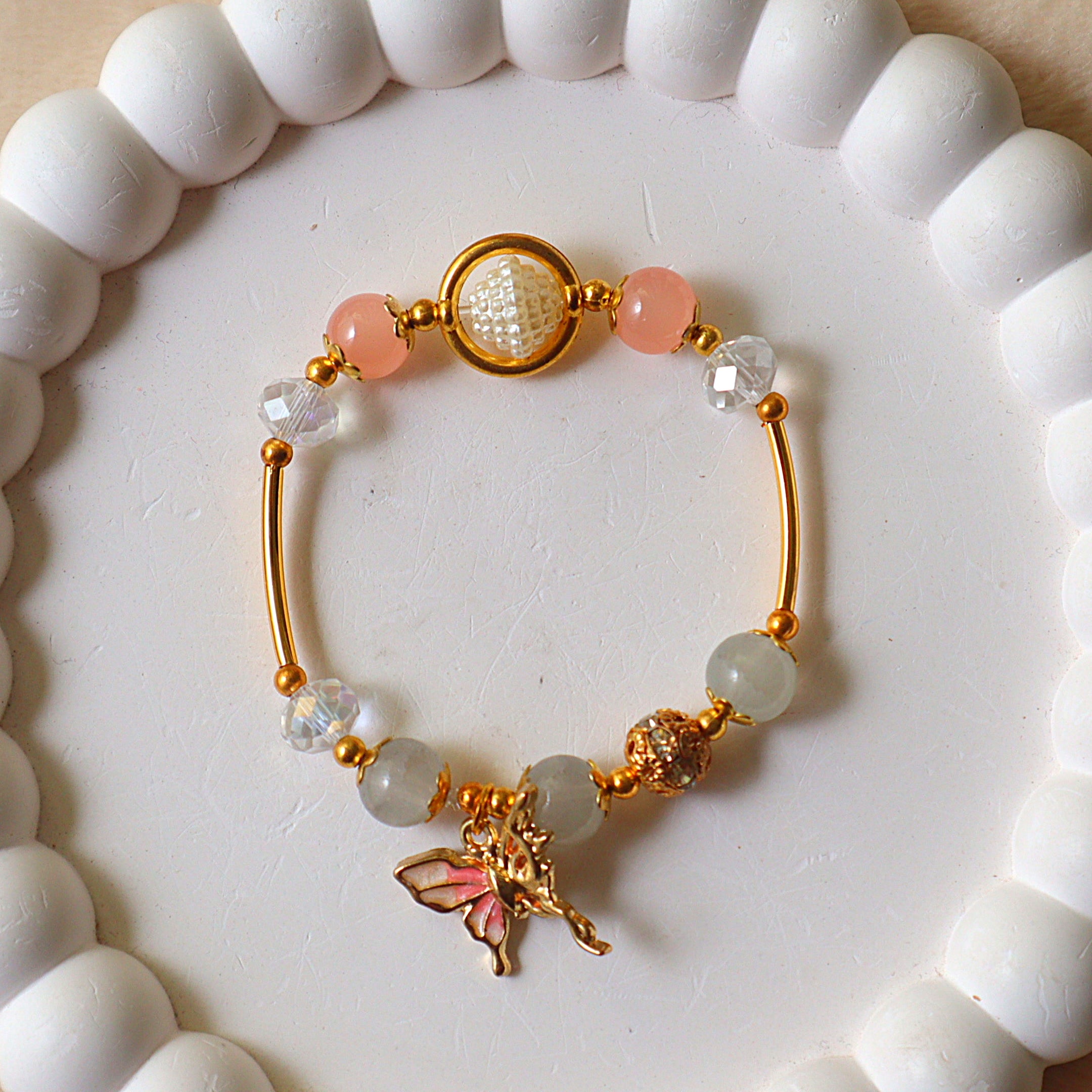 Peach Quartz & Fairy Charm Bangle Bracelet with Pearl Orbit Detail