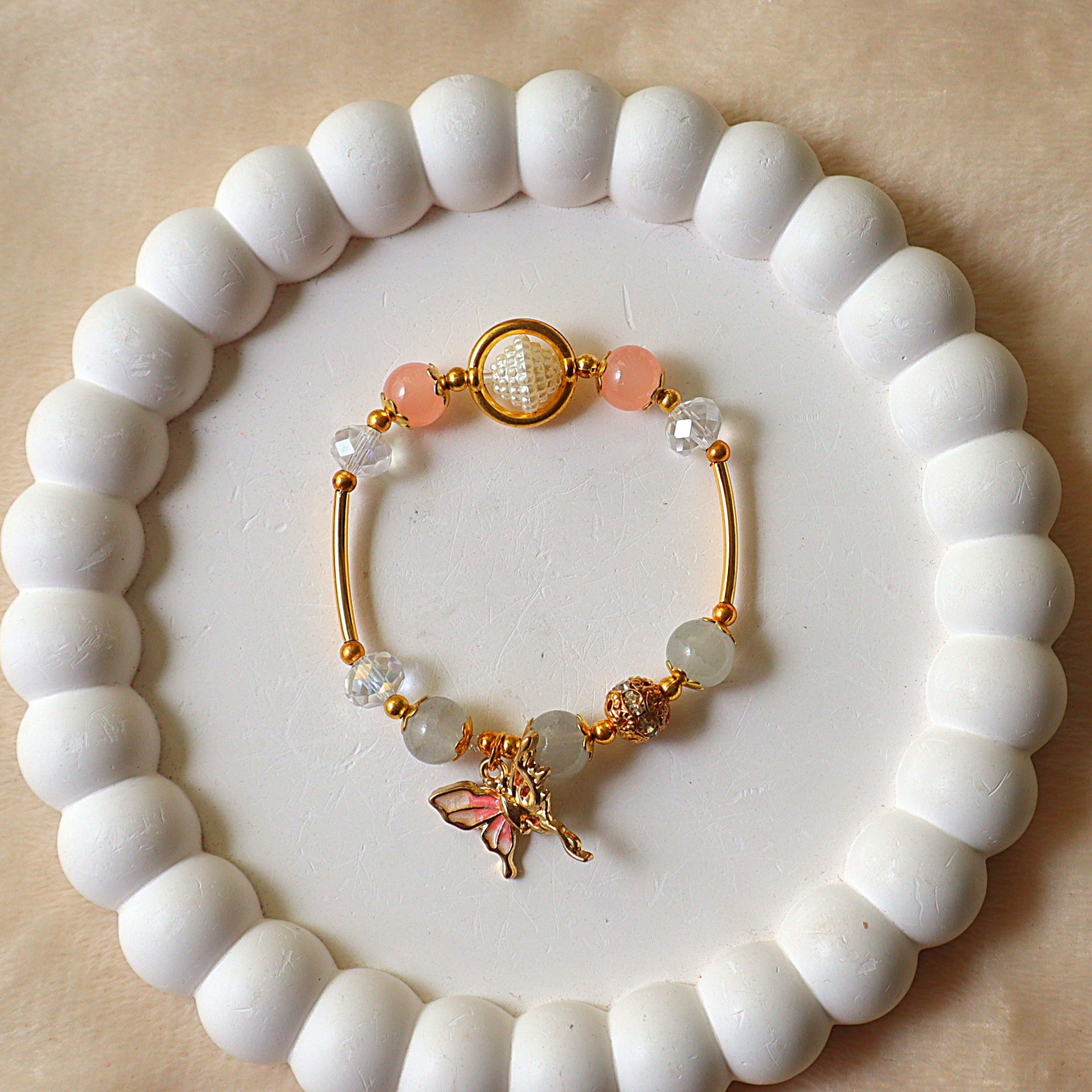 Peach Quartz & Fairy Charm Bangle Bracelet with Pearl Orbit Detail