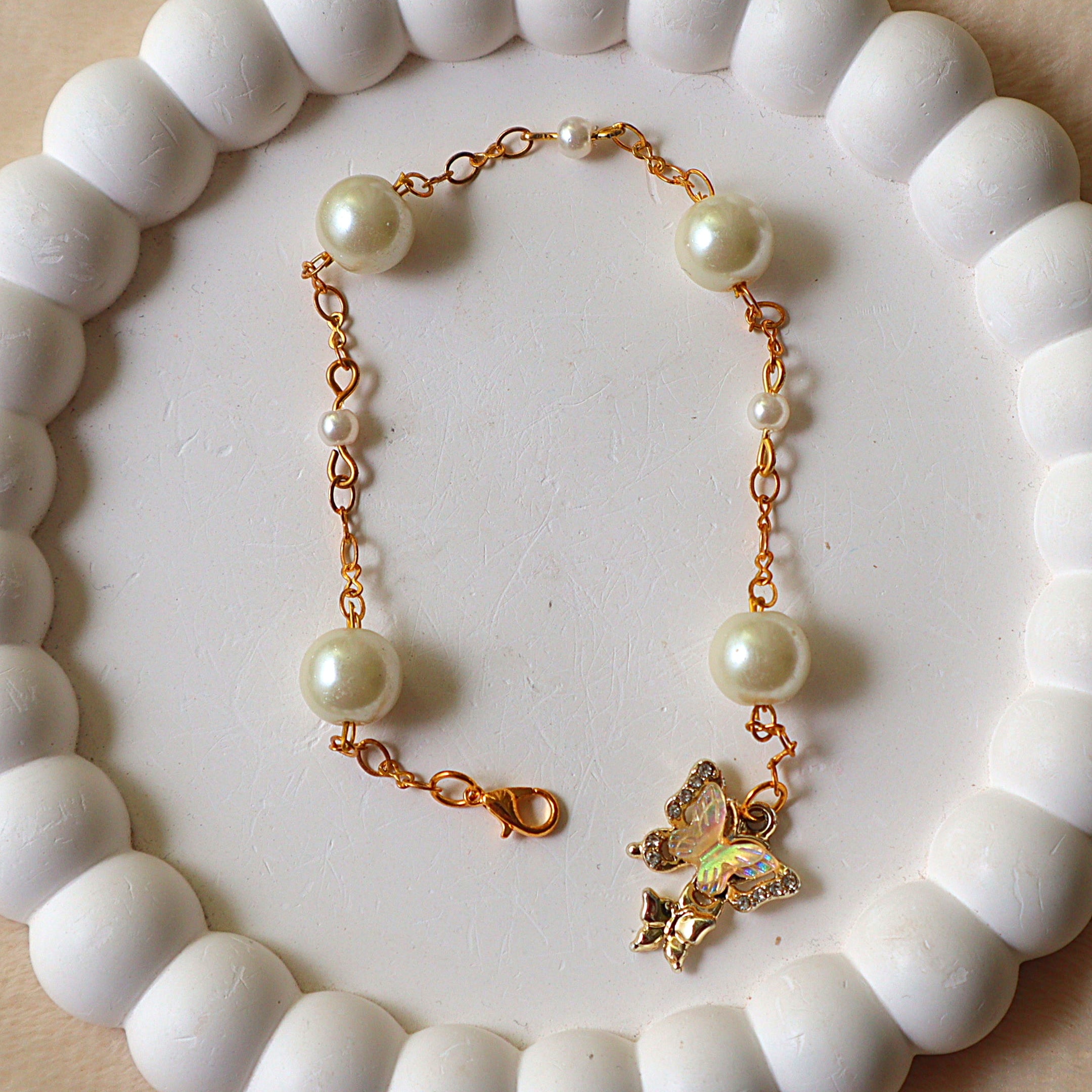 Cream Pearl Link Chain Bracelet with Crystal Butterfly Pendant