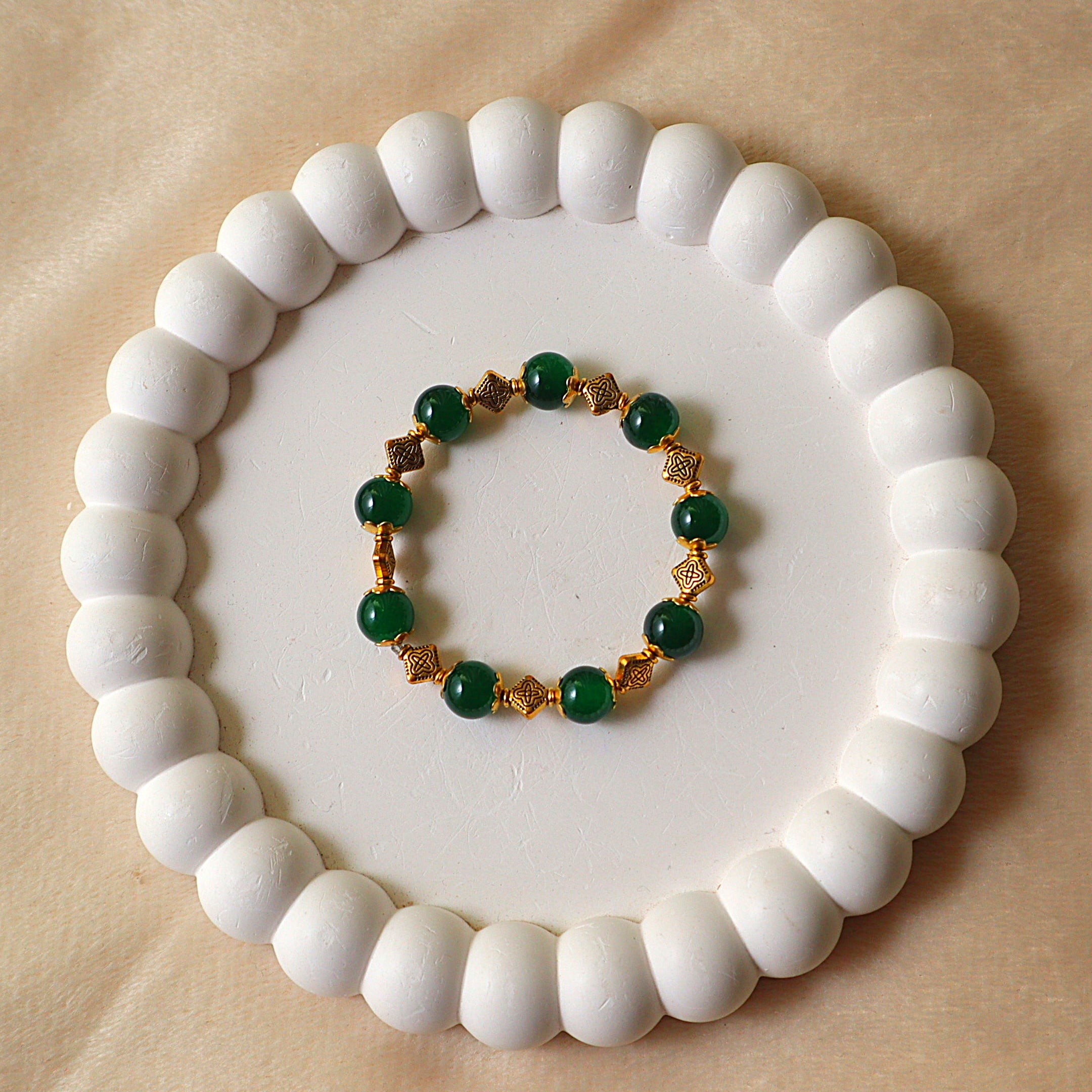 Deep Green Aventurine Beaded Bracelet with Antique Gold Spacers