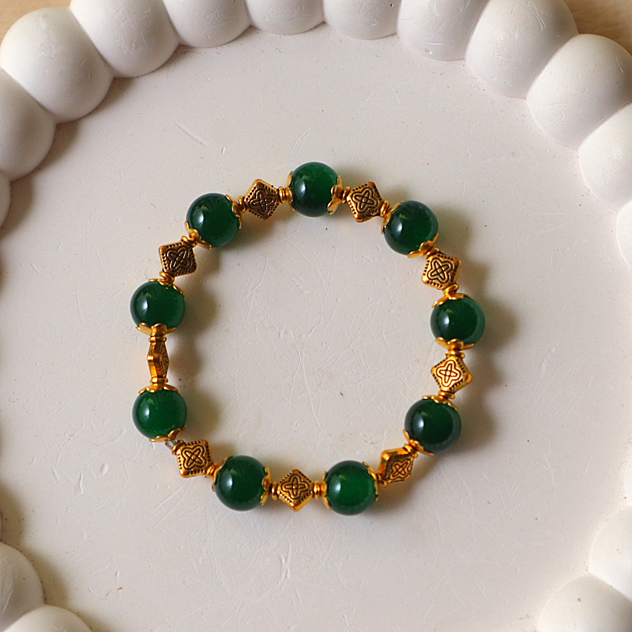 Deep Green Aventurine Beaded Bracelet with Antique Gold Spacers
