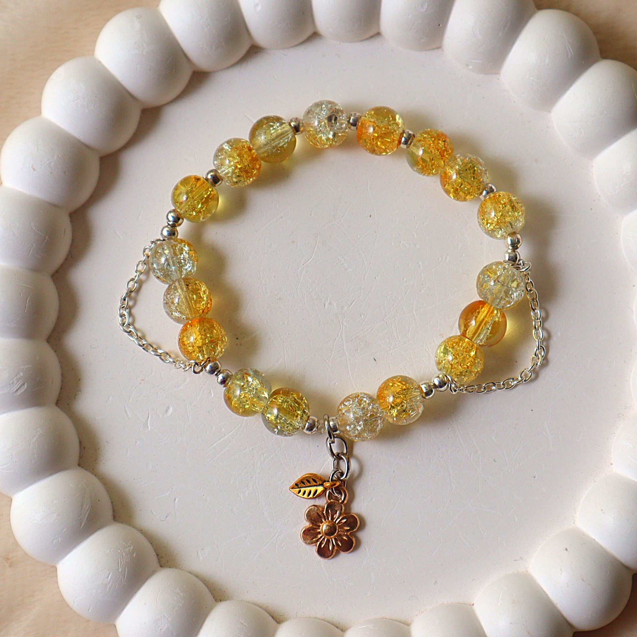Yellow Crackle Glass Beaded Bracelet with Flower & Leaf Charms