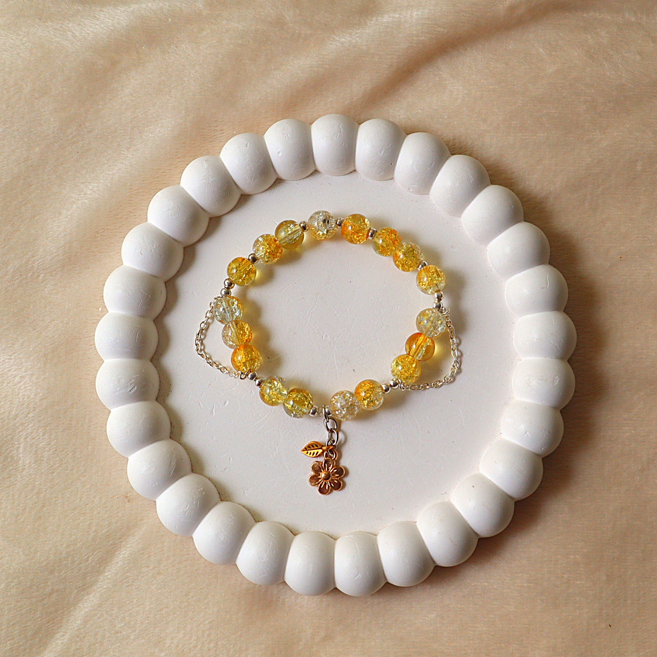 Yellow Crackle Glass Beaded Bracelet with Flower & Leaf Charms