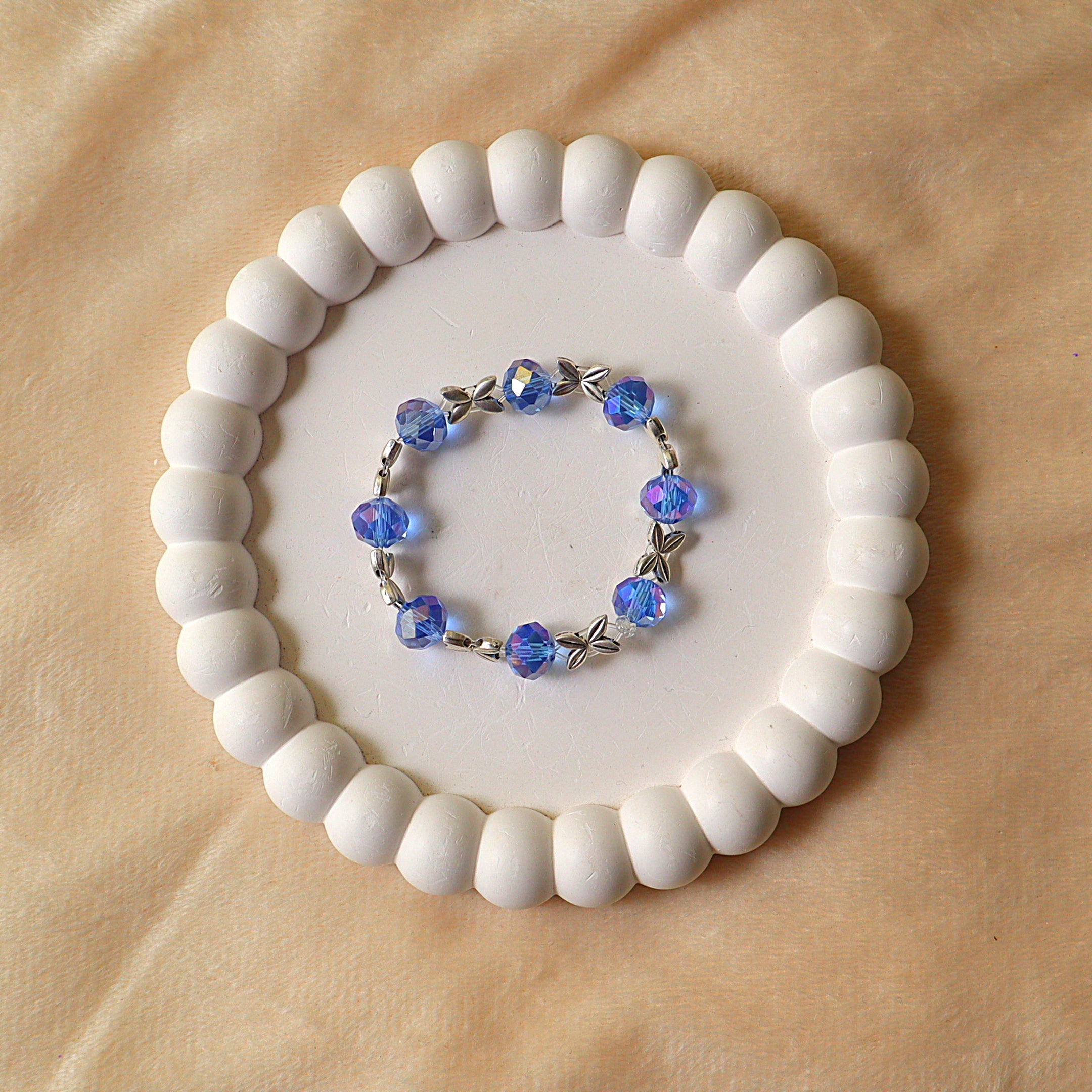 Cobalt Blue Crystal Bracelet with Silver Leaf Spacers