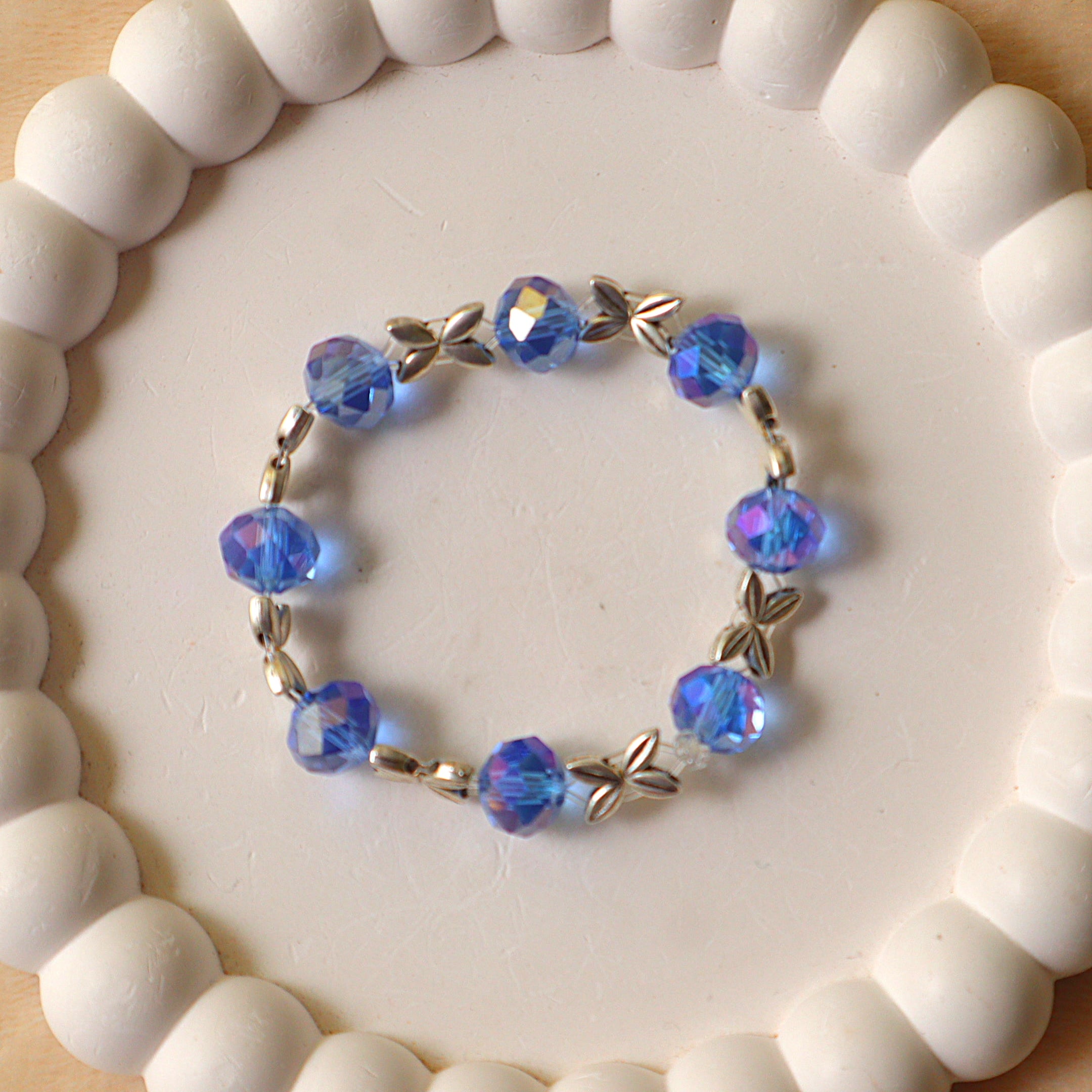 Cobalt Blue Crystal Bracelet with Silver Leaf Spacers