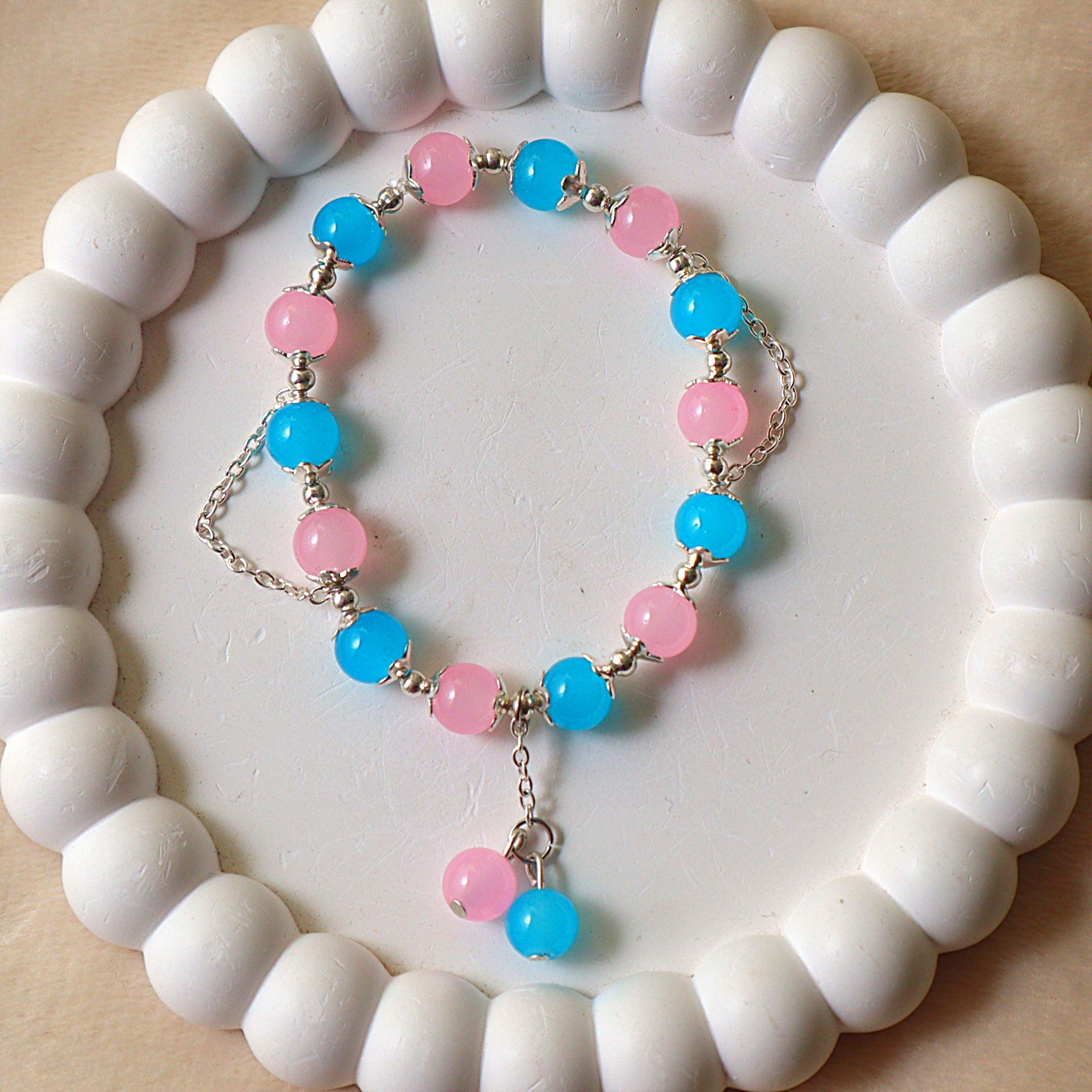 Pink & Electric Blue Quartz Beaded Bracelet with Dangling Charms