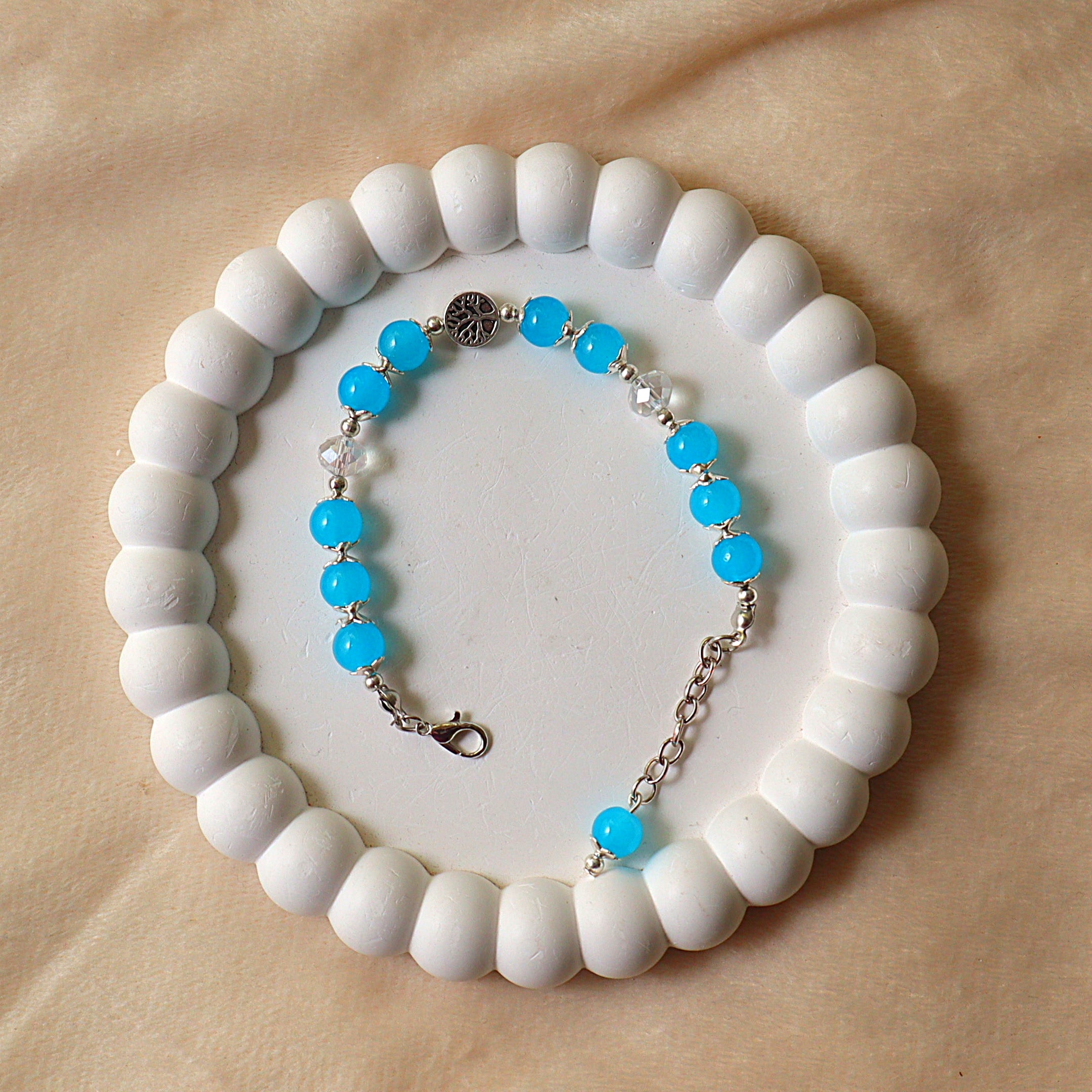 Electric Blue Jade-Style Bead Bracelet with Tree of Life Charm