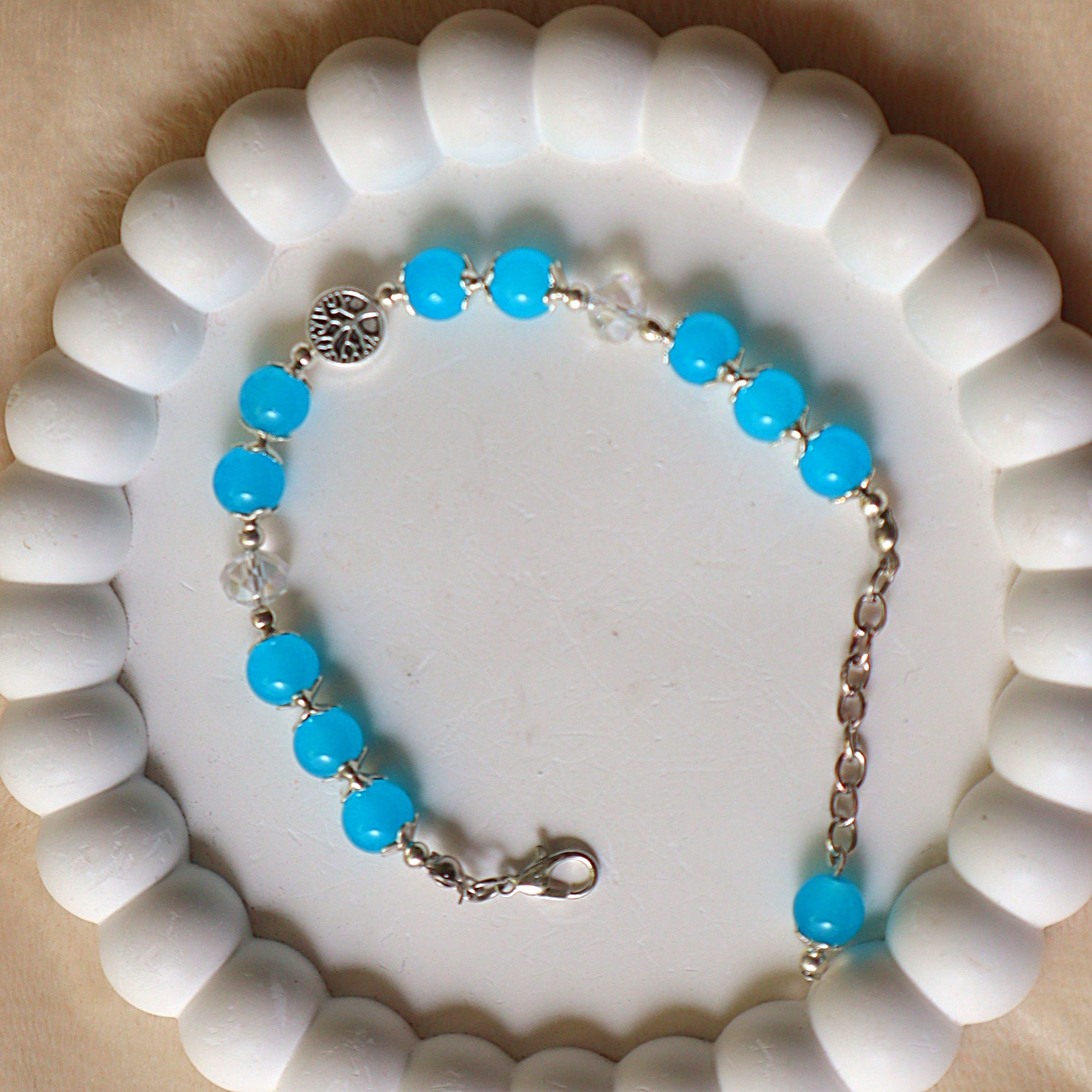 Electric Blue Jade-Style Bead Bracelet with Tree of Life Charm