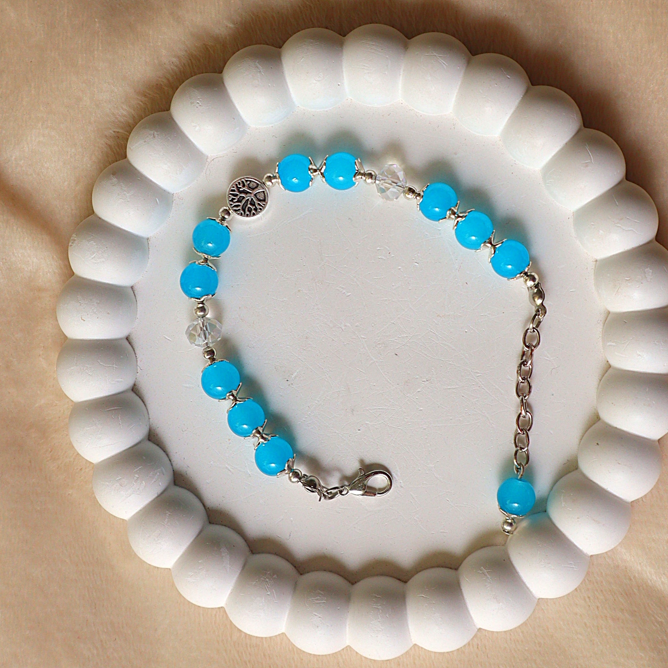 Electric Blue Jade-Style Bead Bracelet with Tree of Life Charm