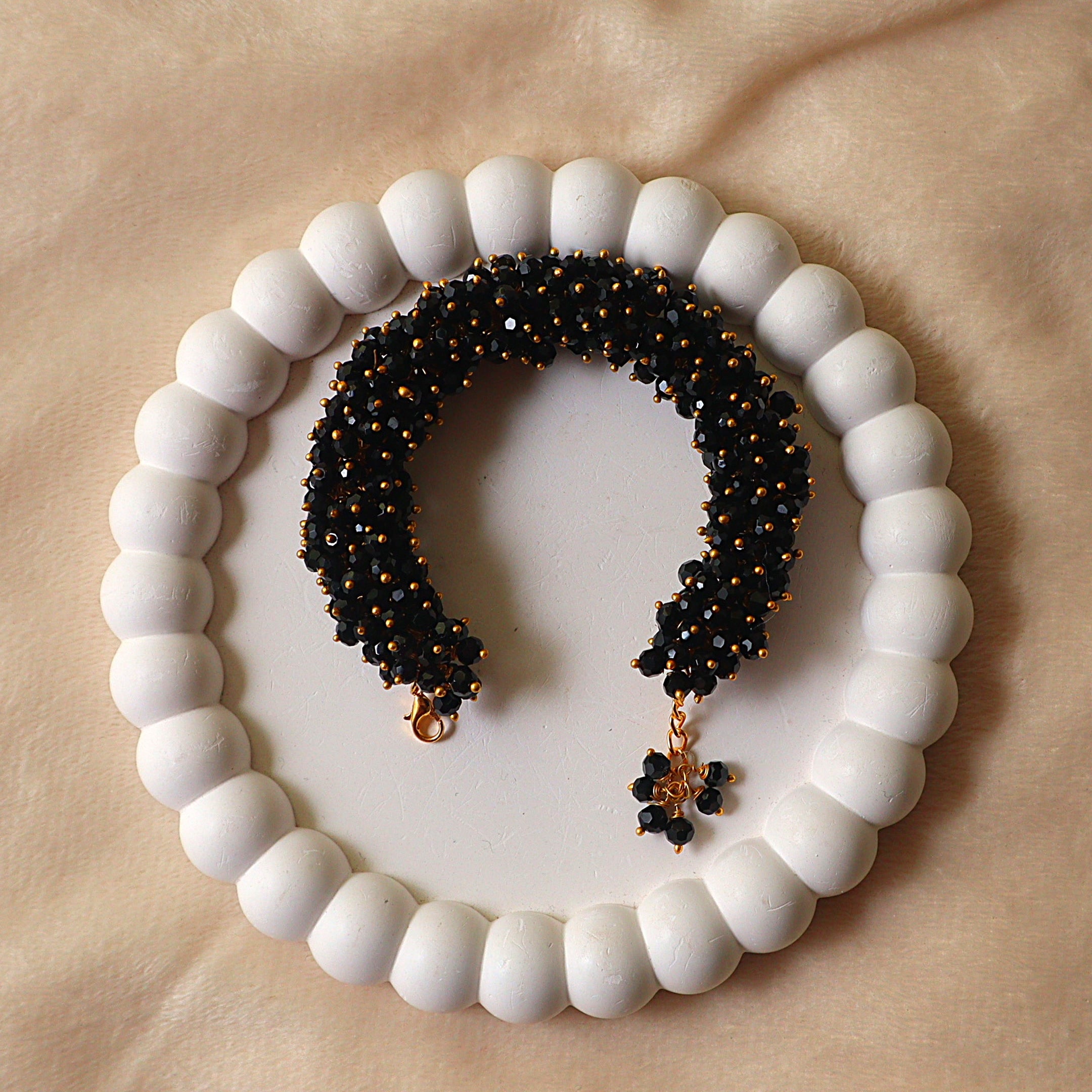 Jet Black Crystal Gajra Bracelet with Gold Pinhead Accents