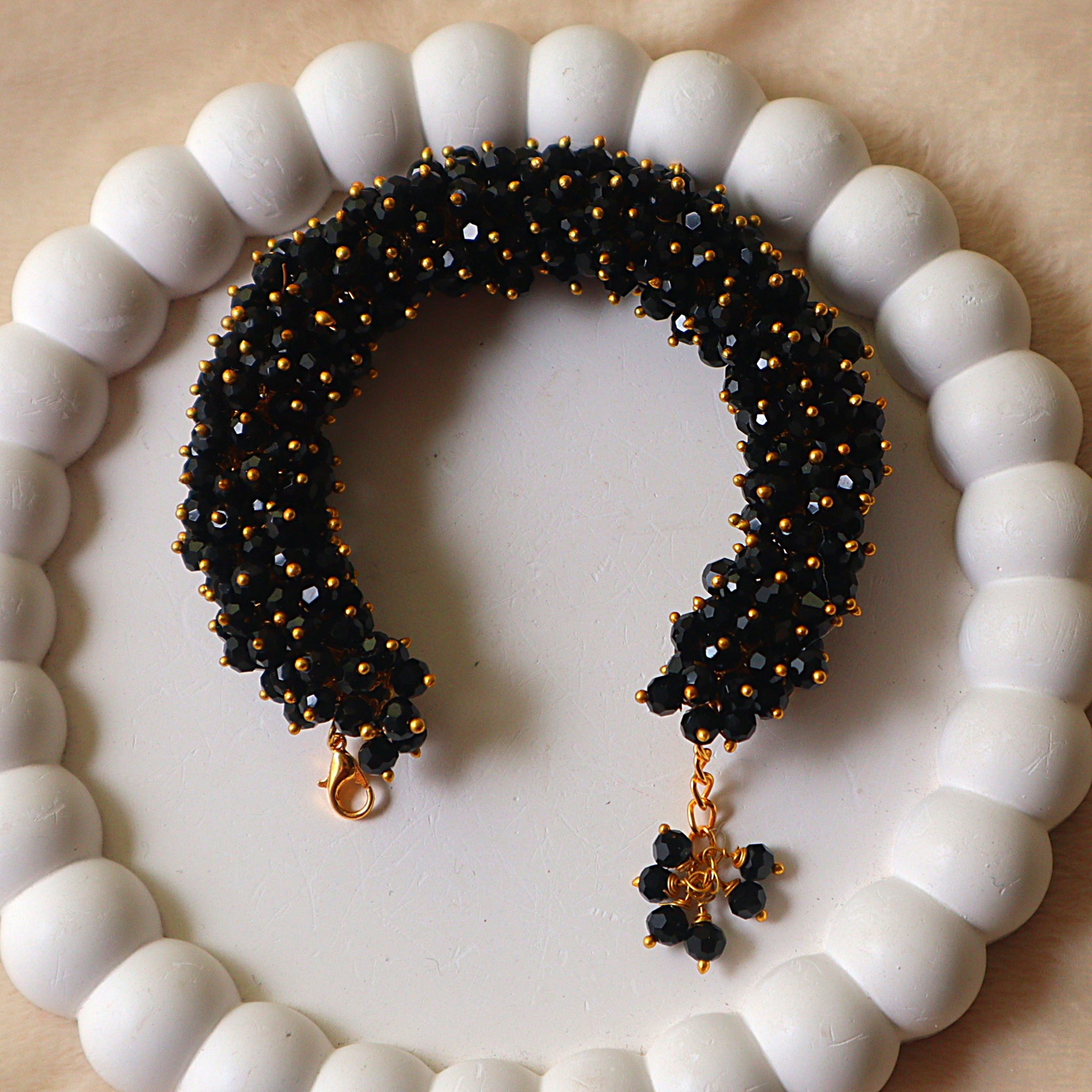Jet Black Crystal Gajra Bracelet with Gold Pinhead Accents