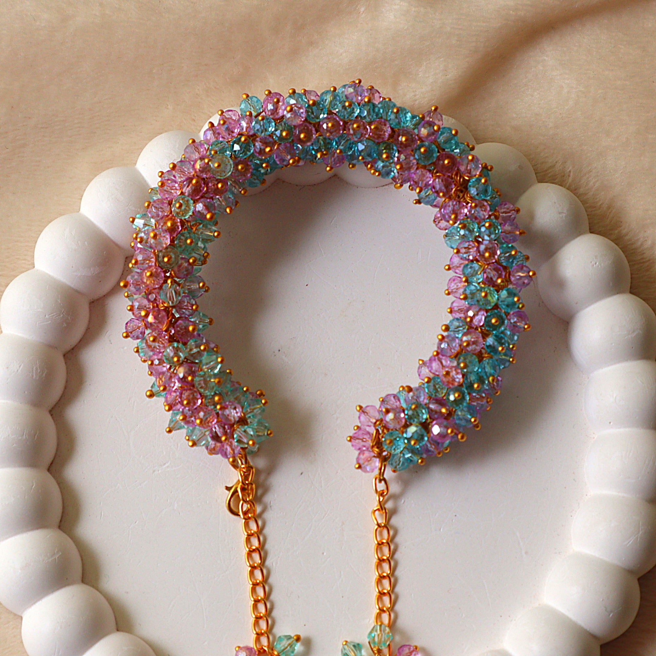 Pastel Pink & Aqua Crystal Gajra Bracelet with Extension Chains