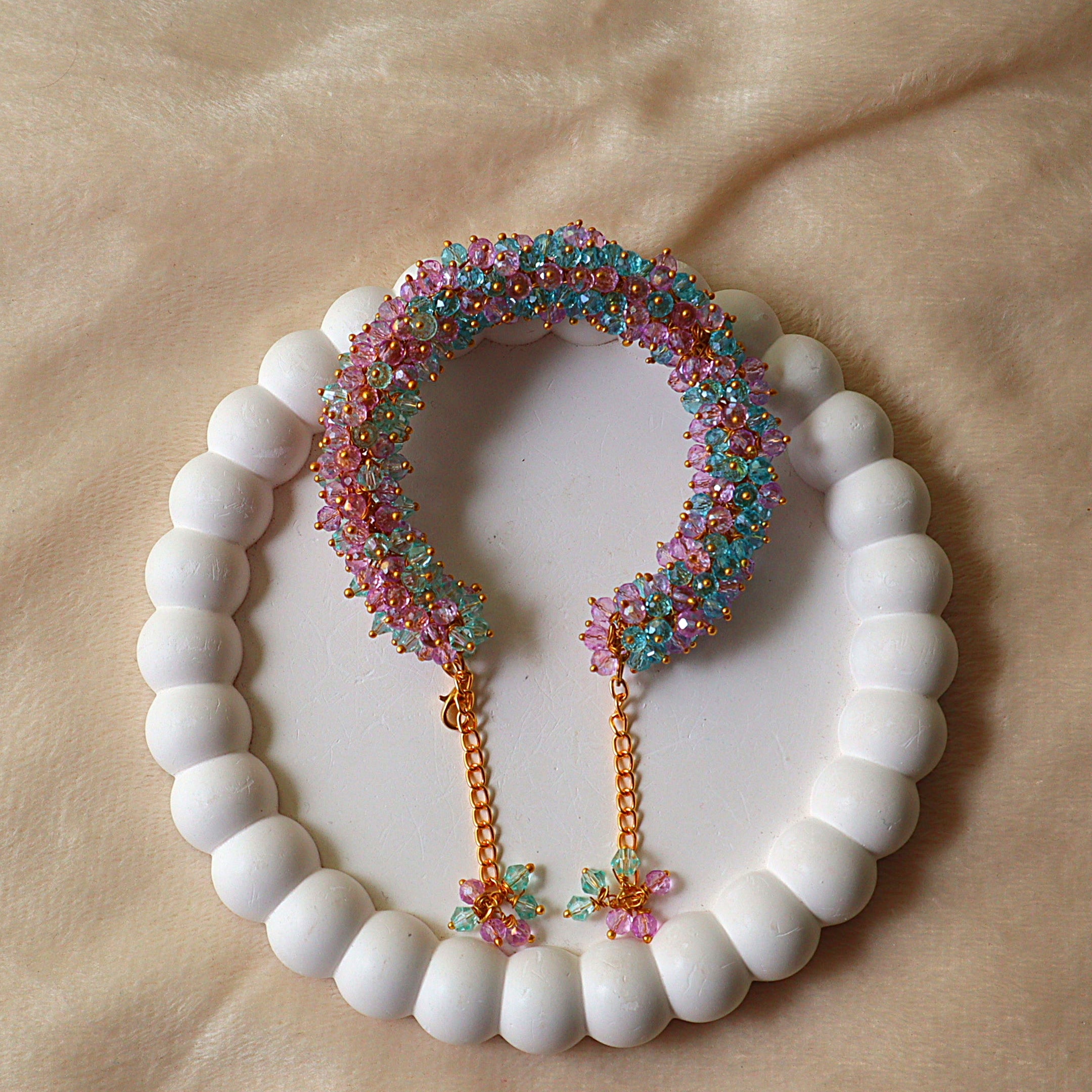 Pastel Pink & Aqua Crystal Gajra Bracelet with Extension Chains