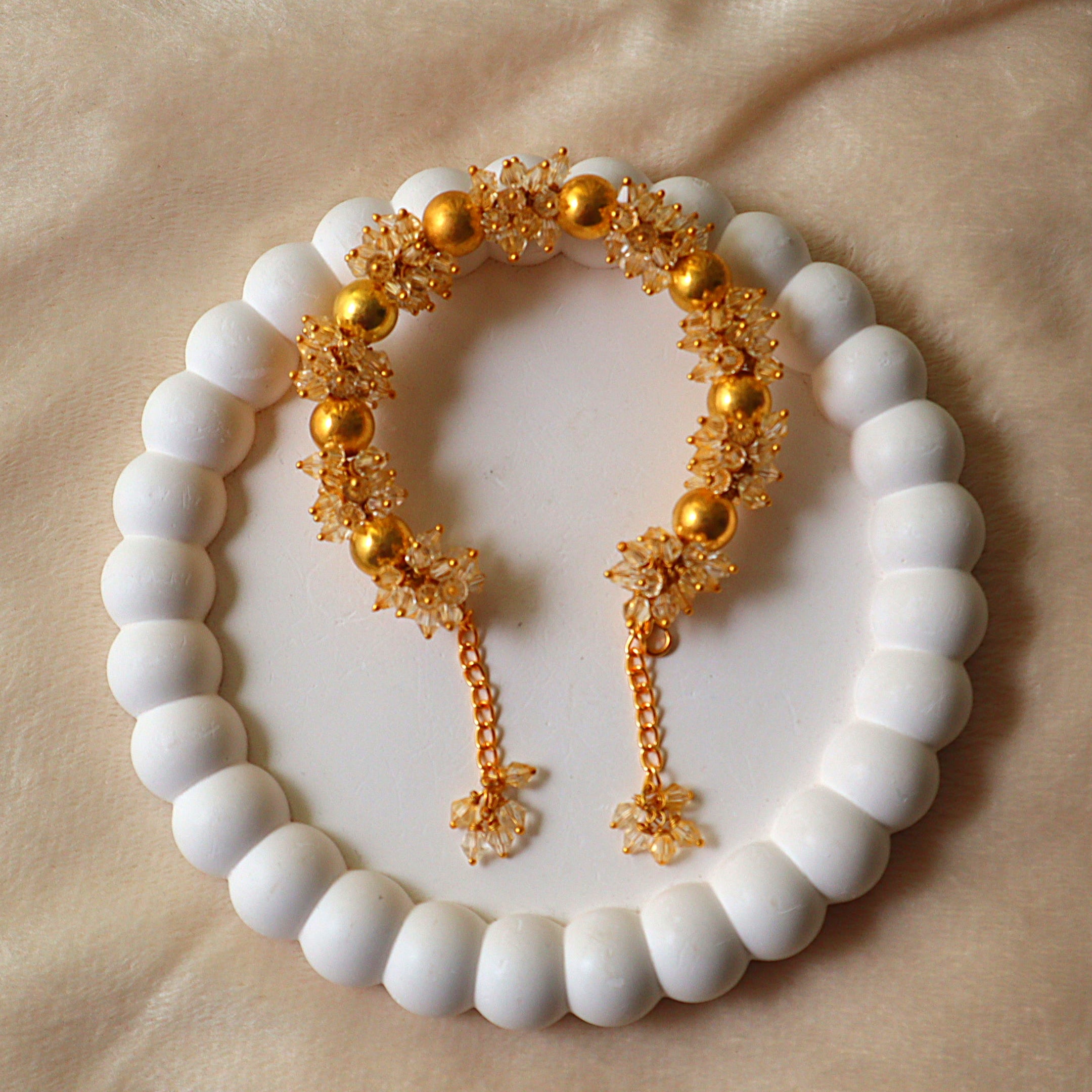 Gold Pearl & Crystal Cluster Statement Gajra Bracelet with Draping Chains