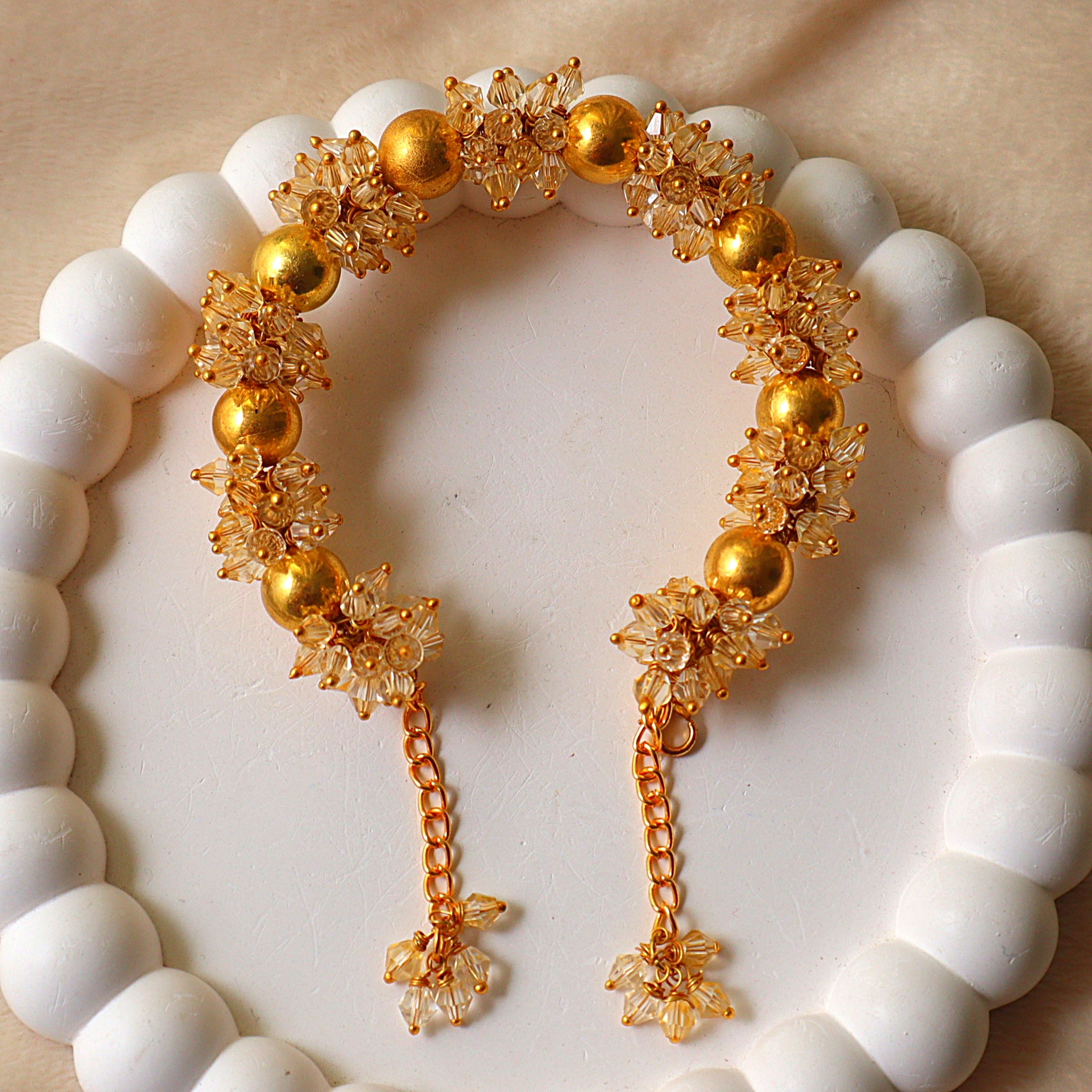 Gold Pearl & Crystal Cluster Statement Gajra Bracelet with Draping Chains