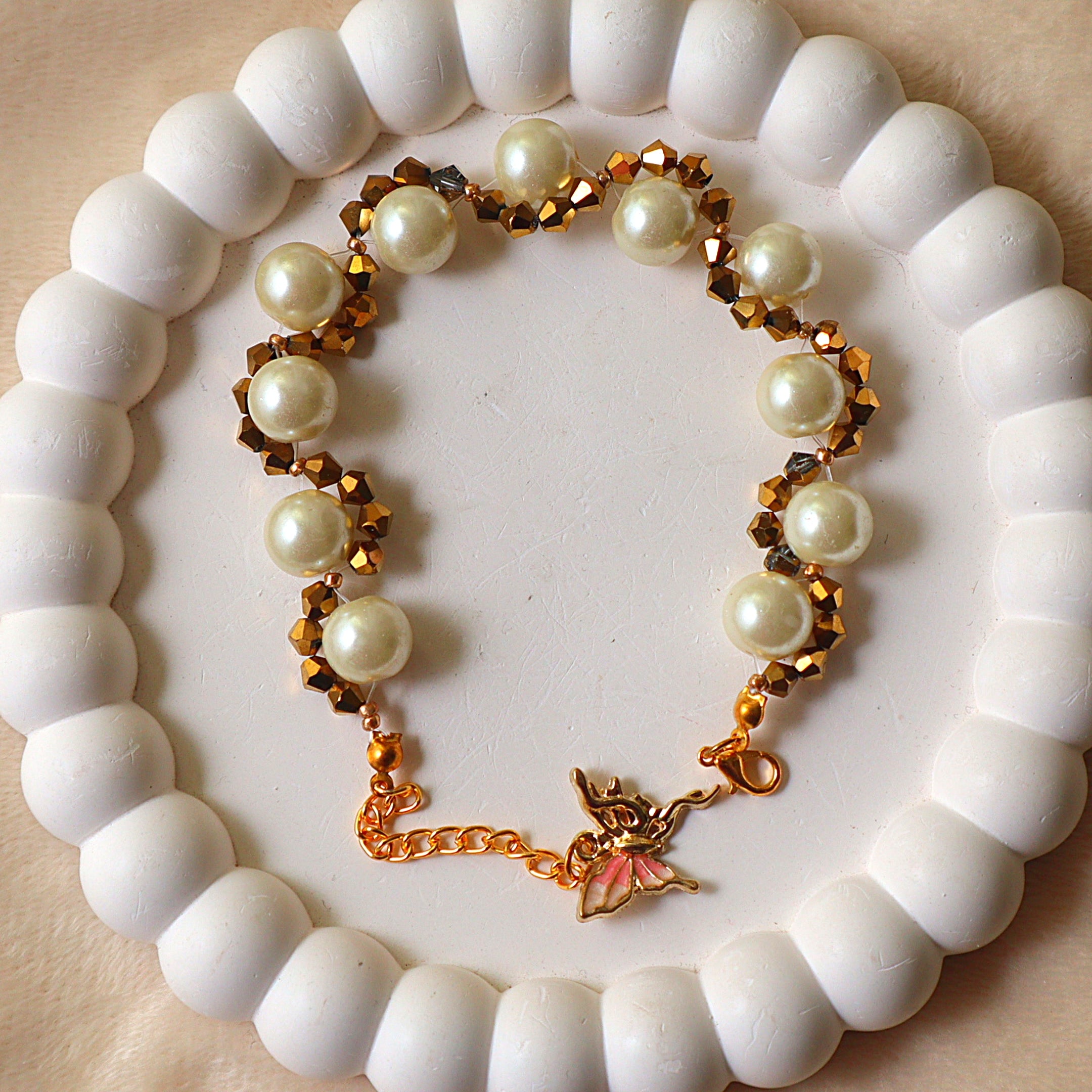 Golden Pearl & Crystal Beaded Bracelet with Enamel Butterfly Charm
