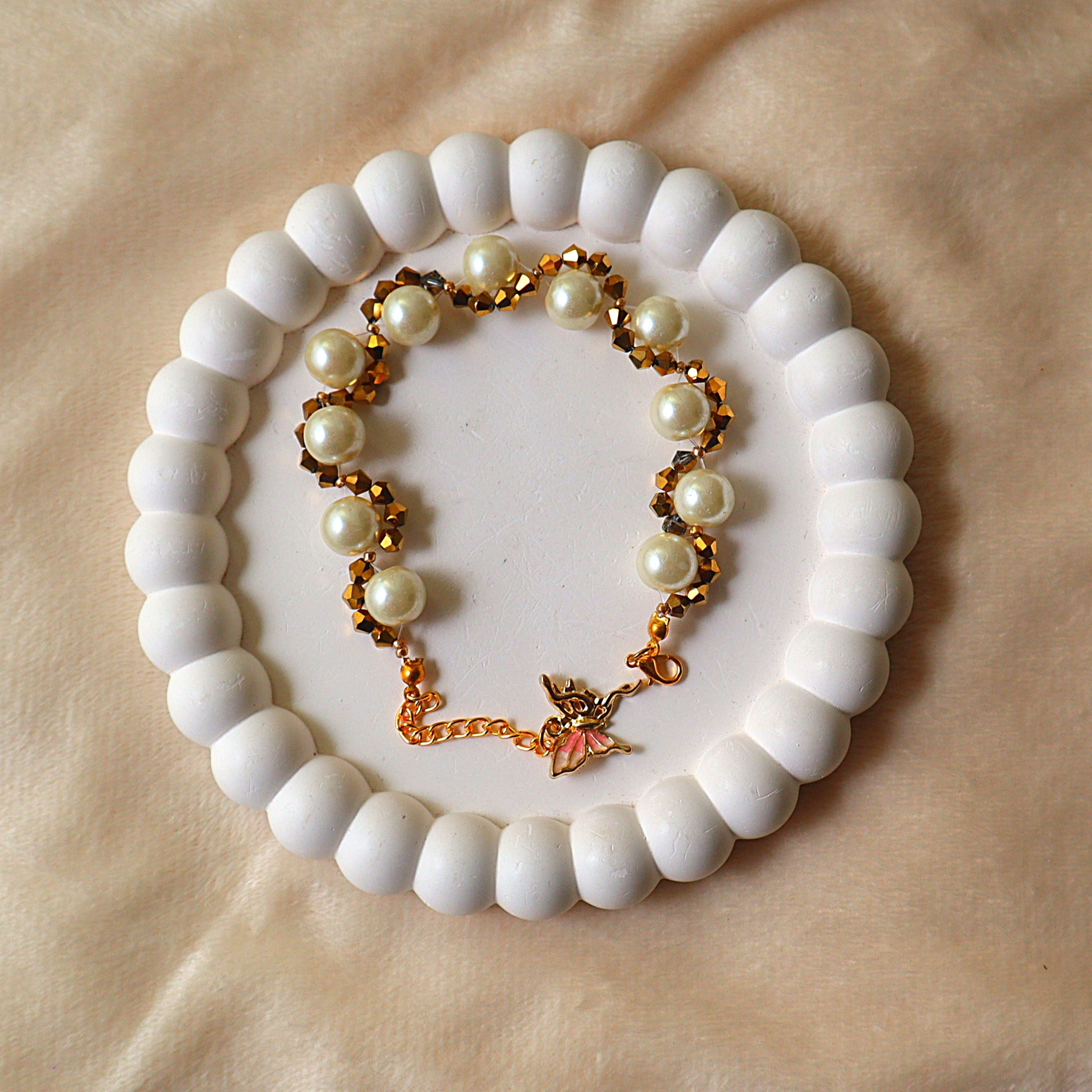 Golden Pearl & Crystal Beaded Bracelet with Enamel Butterfly Charm