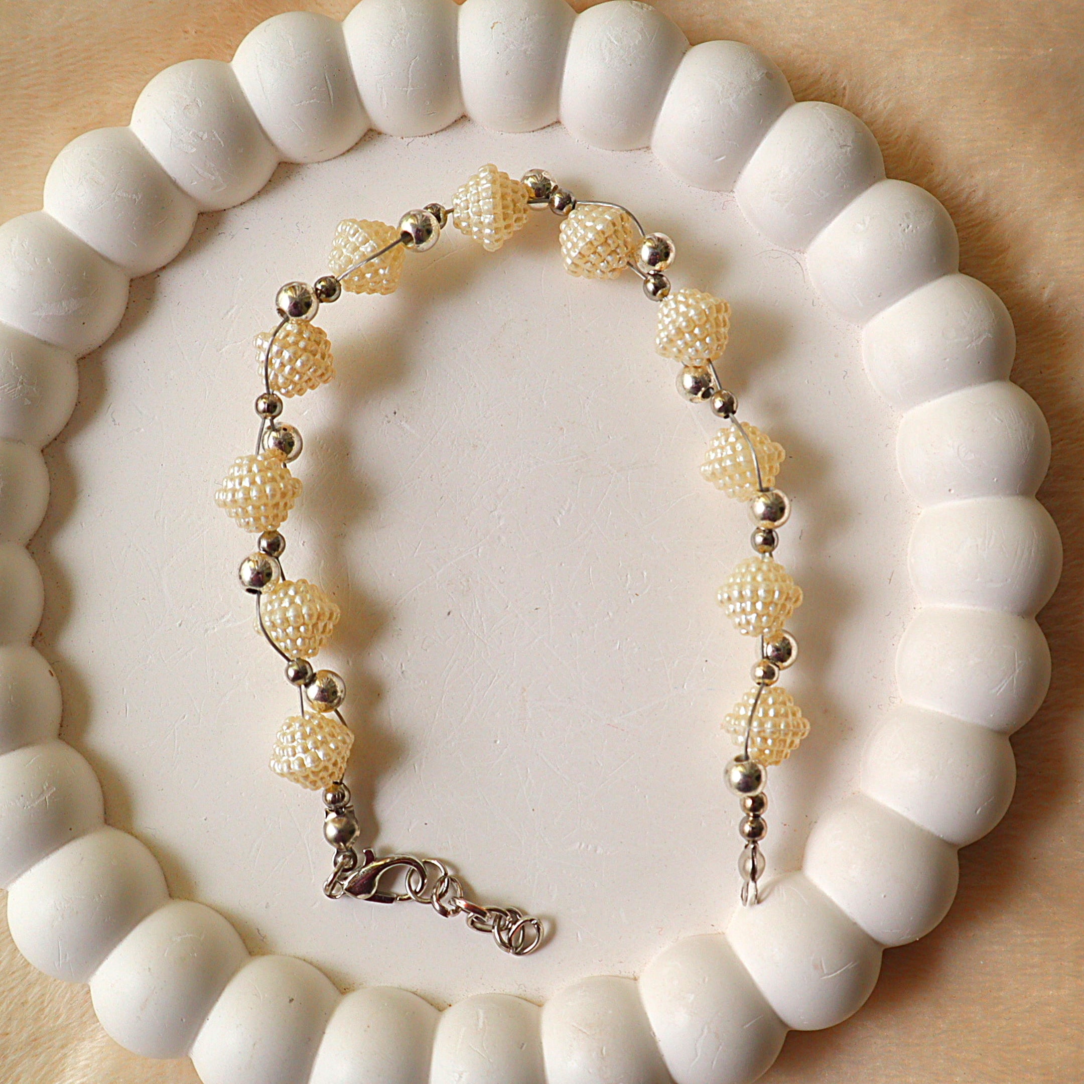 Vintage Pearl Mesh Bead Chain Bracelet | Cream Textured Pearl Link Bracelet