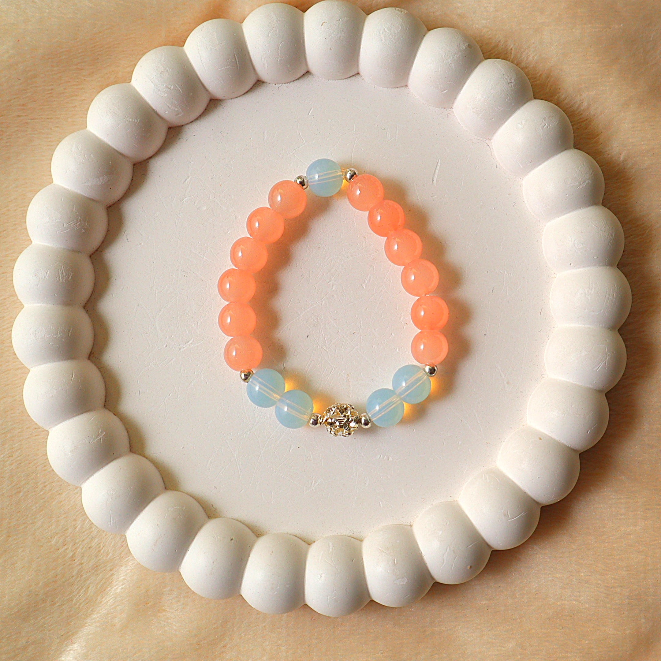 Peach & Opalite Beaded Bracelet with Textured Gold Focal Bead