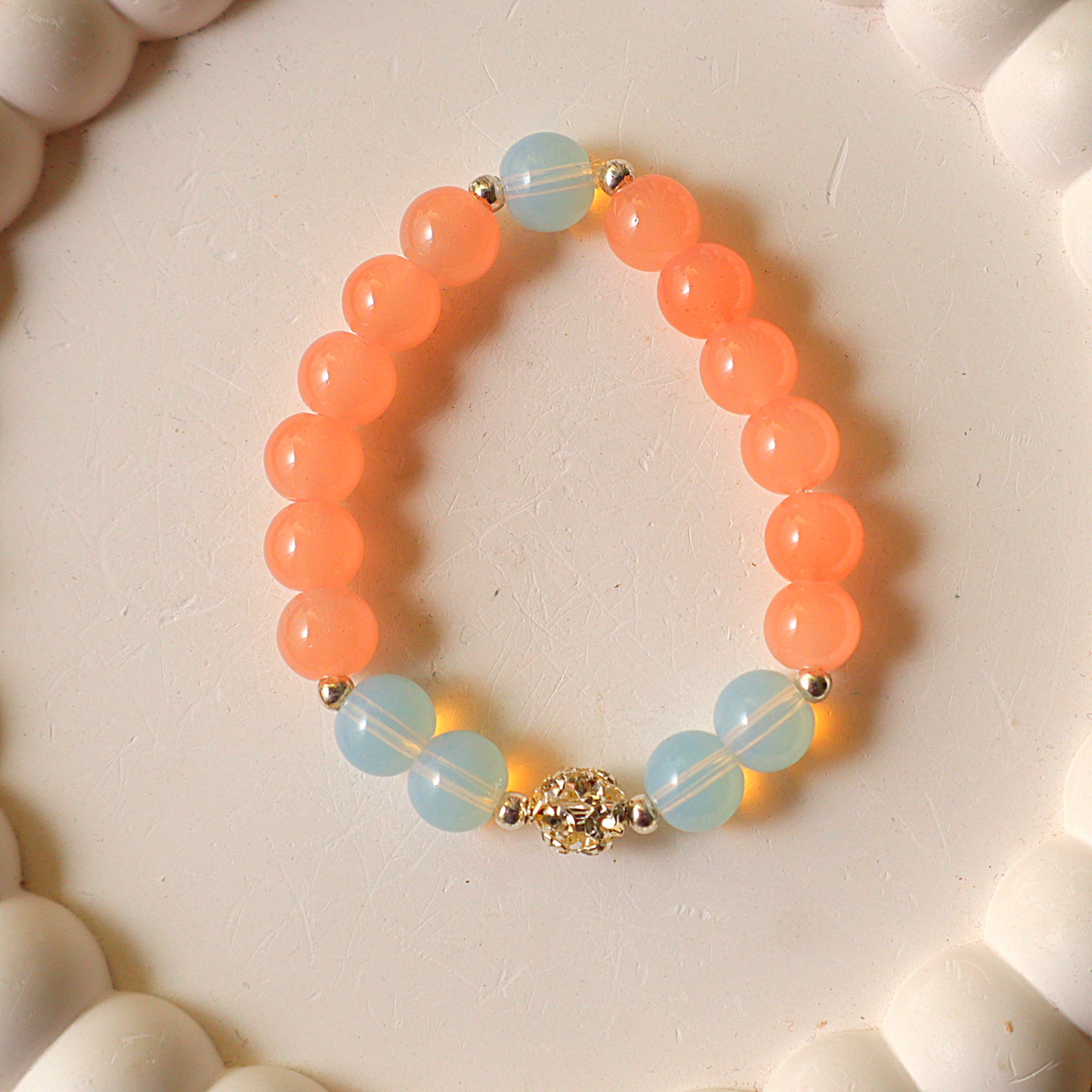 Peach & Opalite Beaded Bracelet with Textured Gold Focal Bead