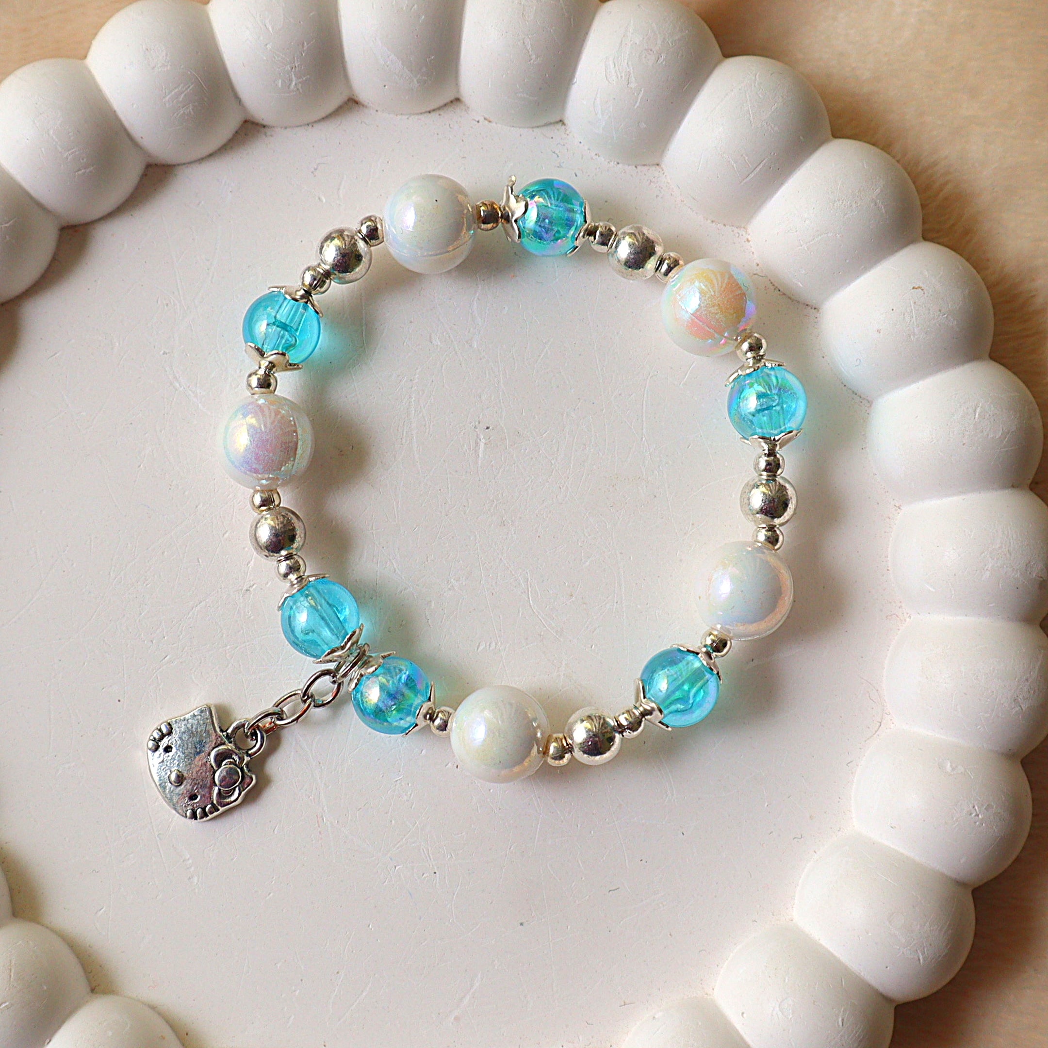 Iridescent Blue & Pearl Beaded Bracelet with Kitty Charm