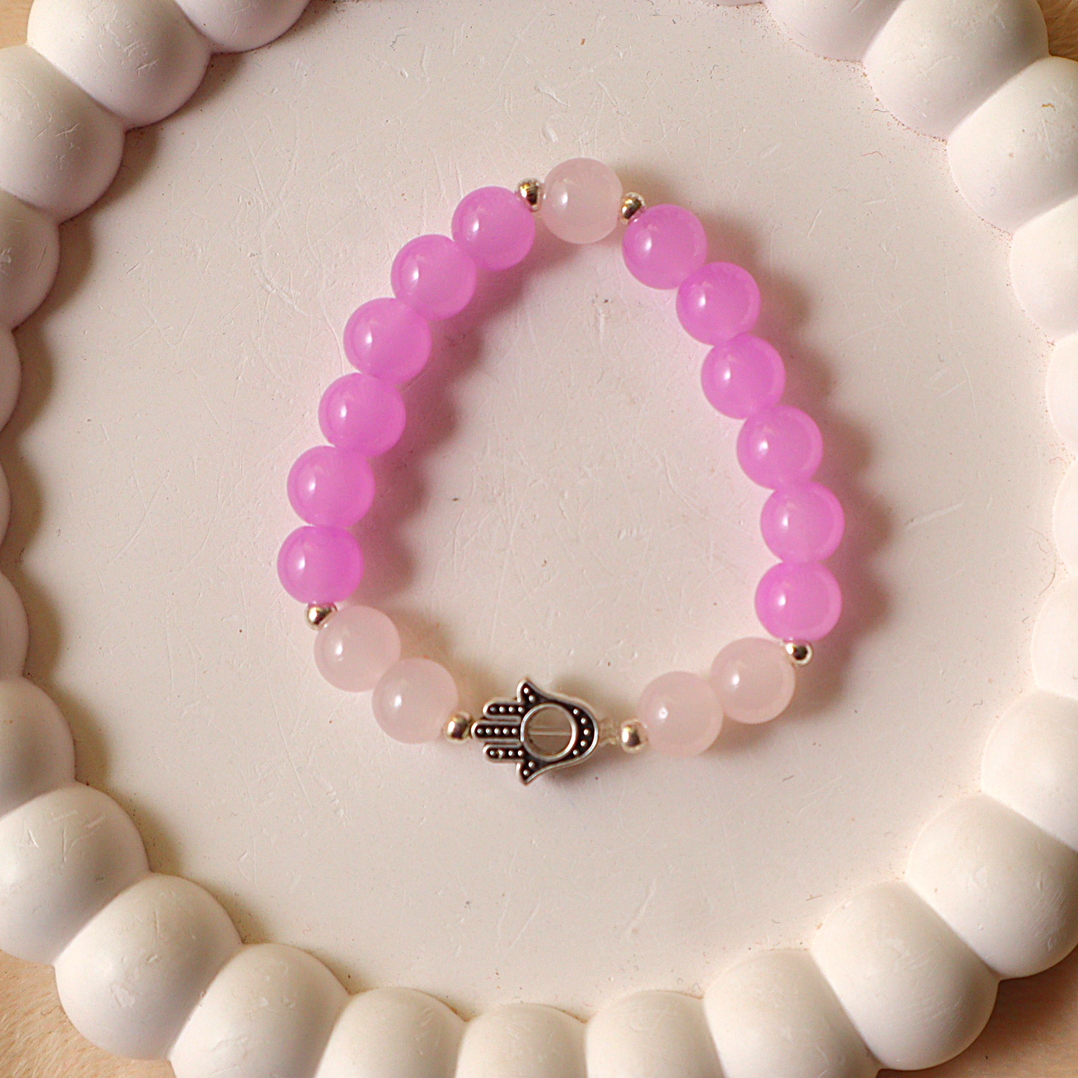 Pink Quartz & Orchid Beaded Bracelet with Silver Hamsa Charm