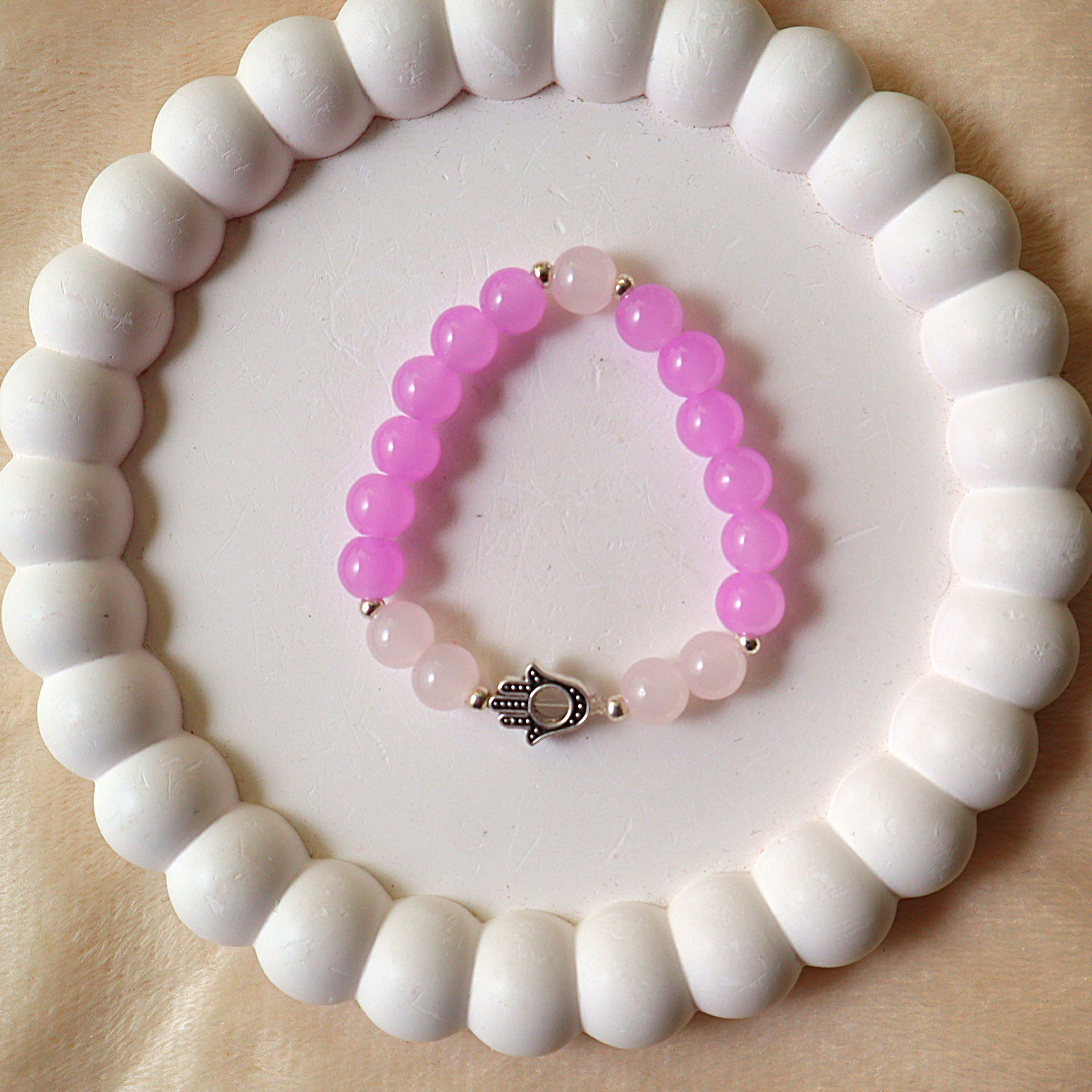 Pink Quartz & Orchid Beaded Bracelet with Silver Hamsa Charm