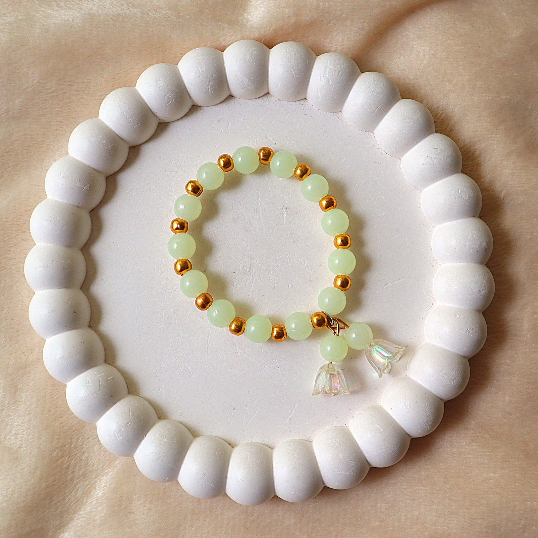 Pale Green Aventurine & Gold Beaded Bracelet with Floral Lily Charms