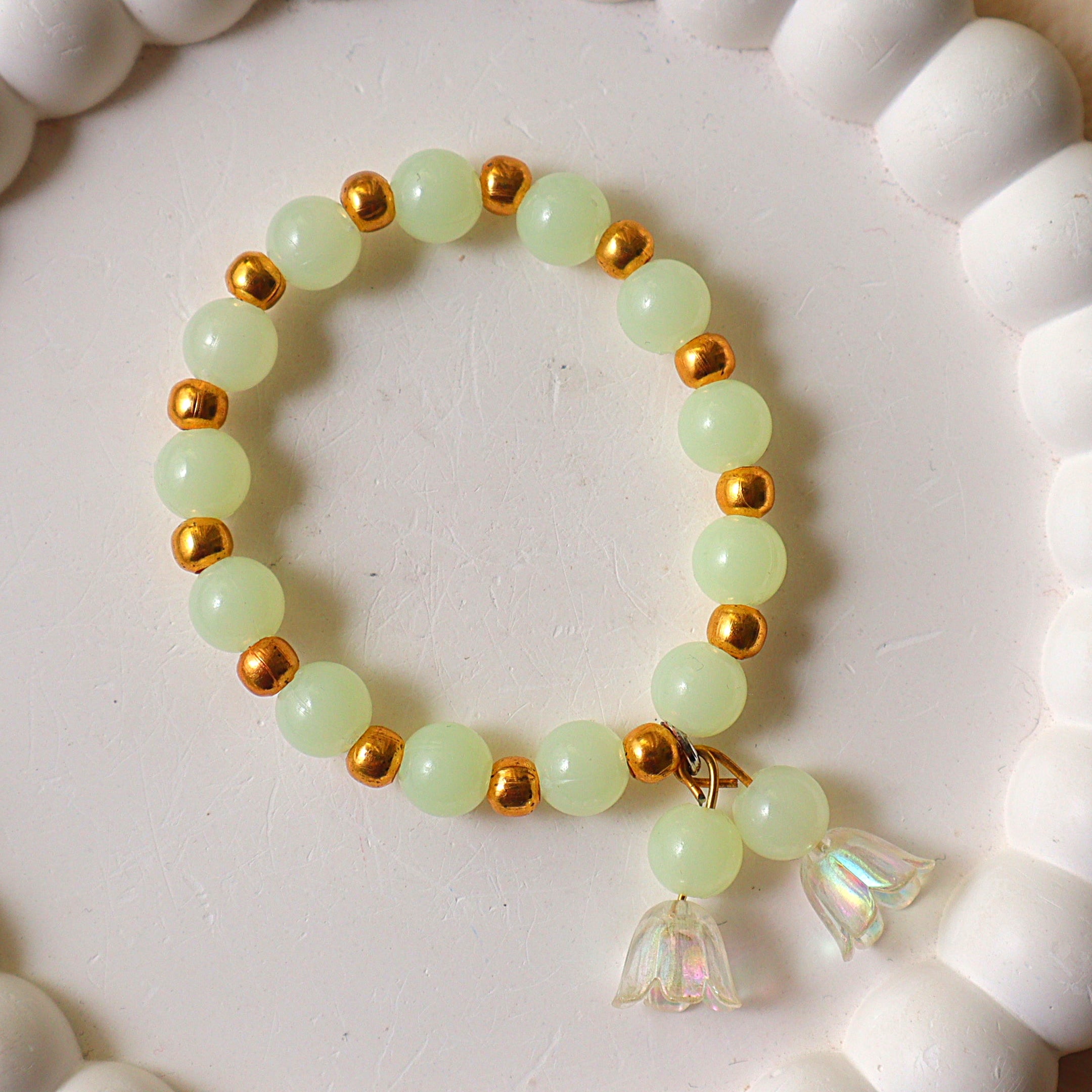 Pale Green Aventurine & Gold Beaded Bracelet with Floral Lily Charms