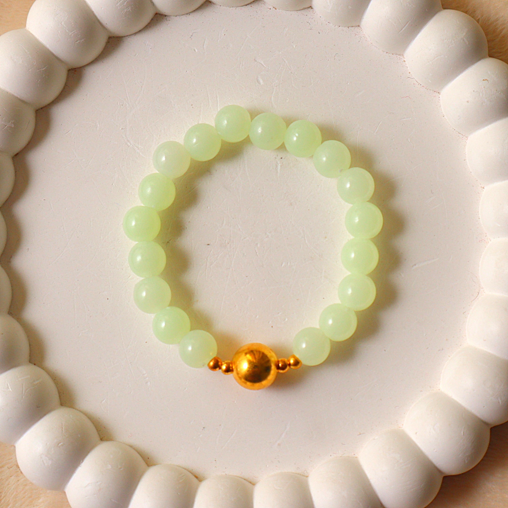 Pale Green Aventurine Beaded Bracelet with Gold Focal Accent