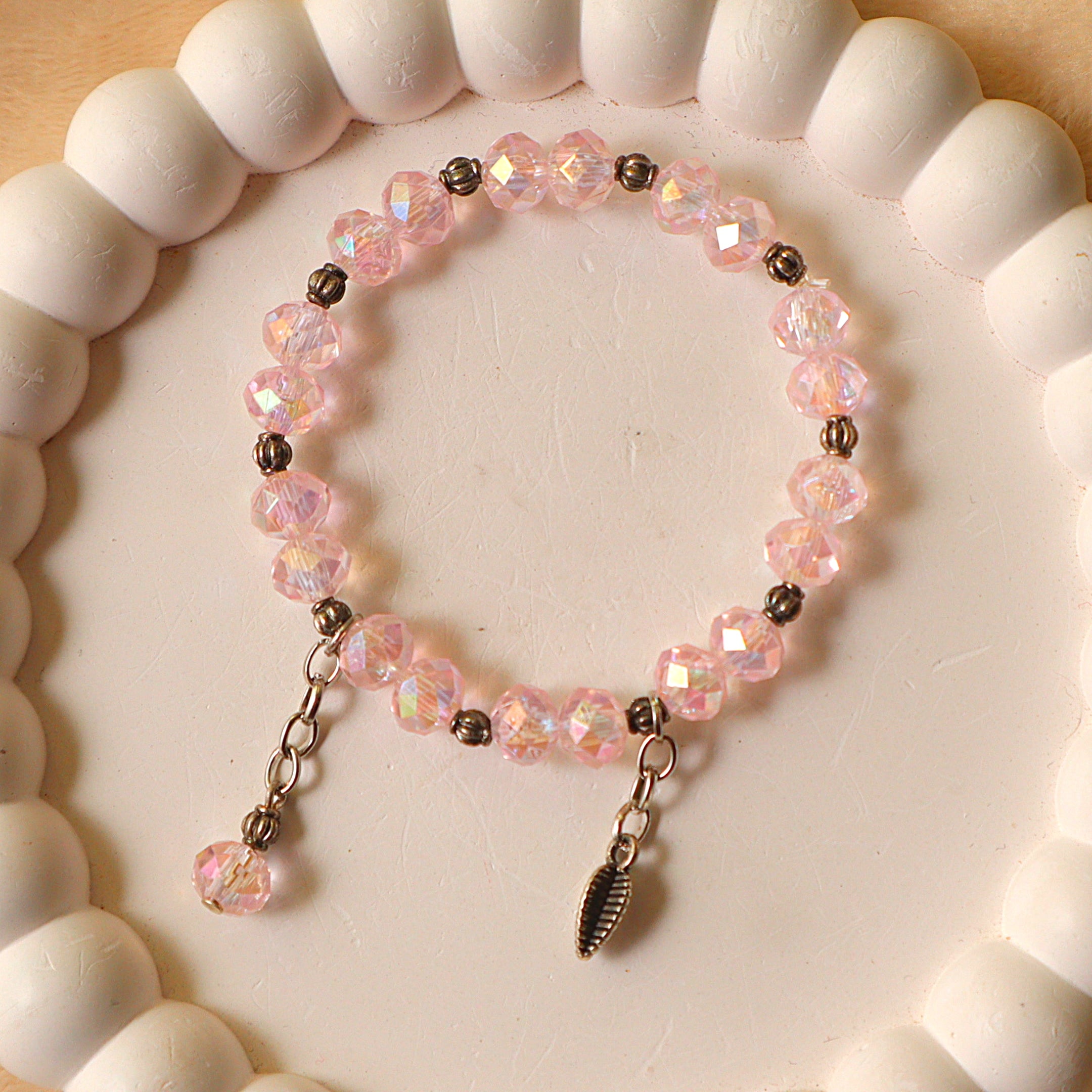 Pink Crystal Beaded Bracelet with Leaf & Gem Charms