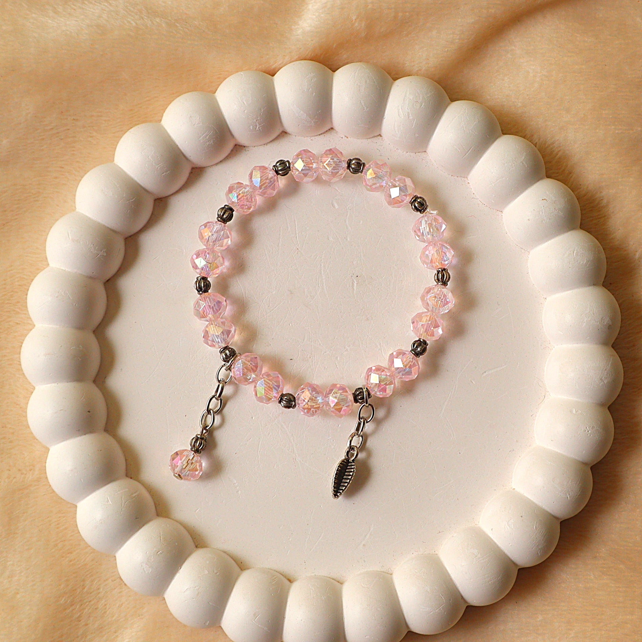Pink Crystal Beaded Bracelet with Leaf & Gem Charms