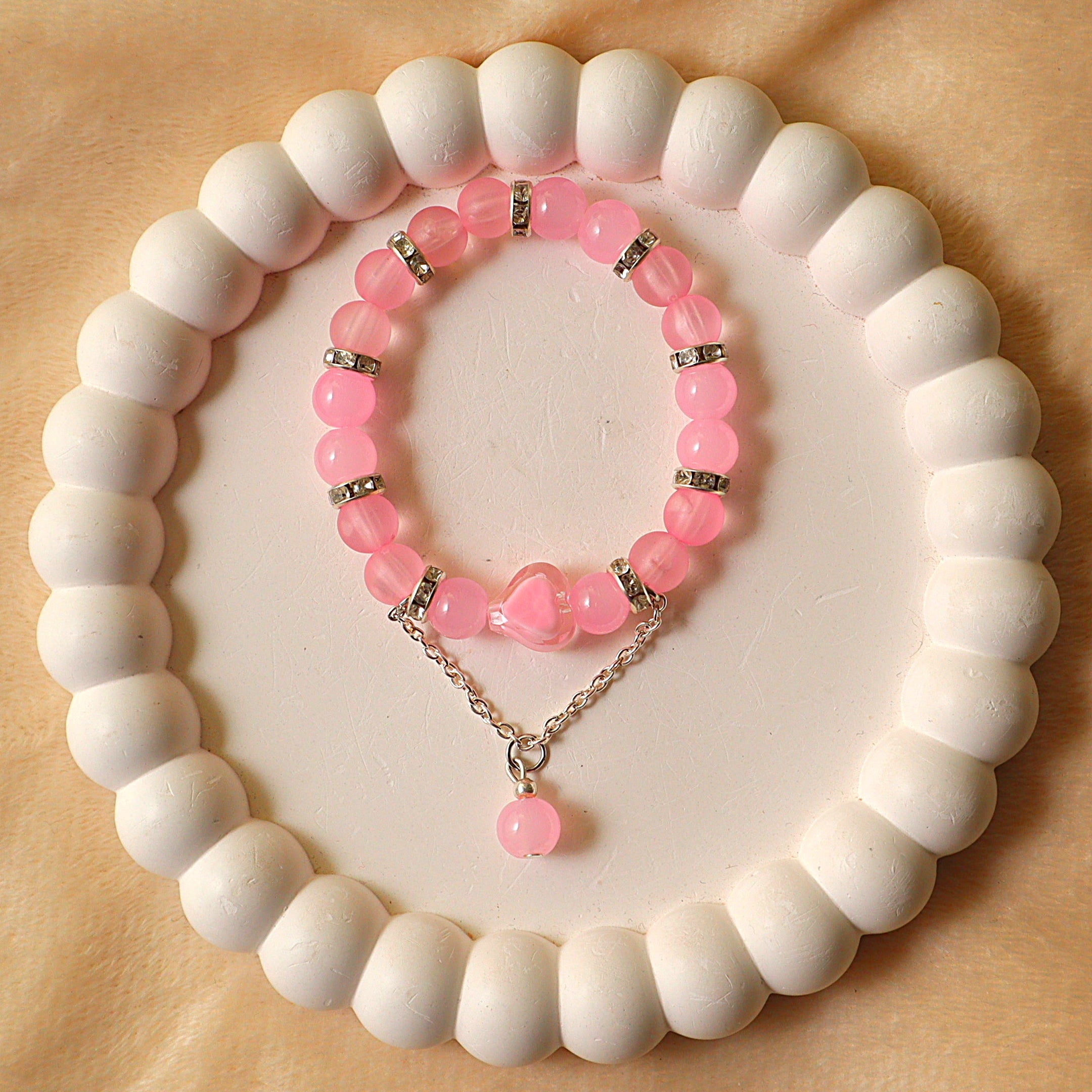 Pink Quartz Heart Charm Bracelet with Draped Chain Accent