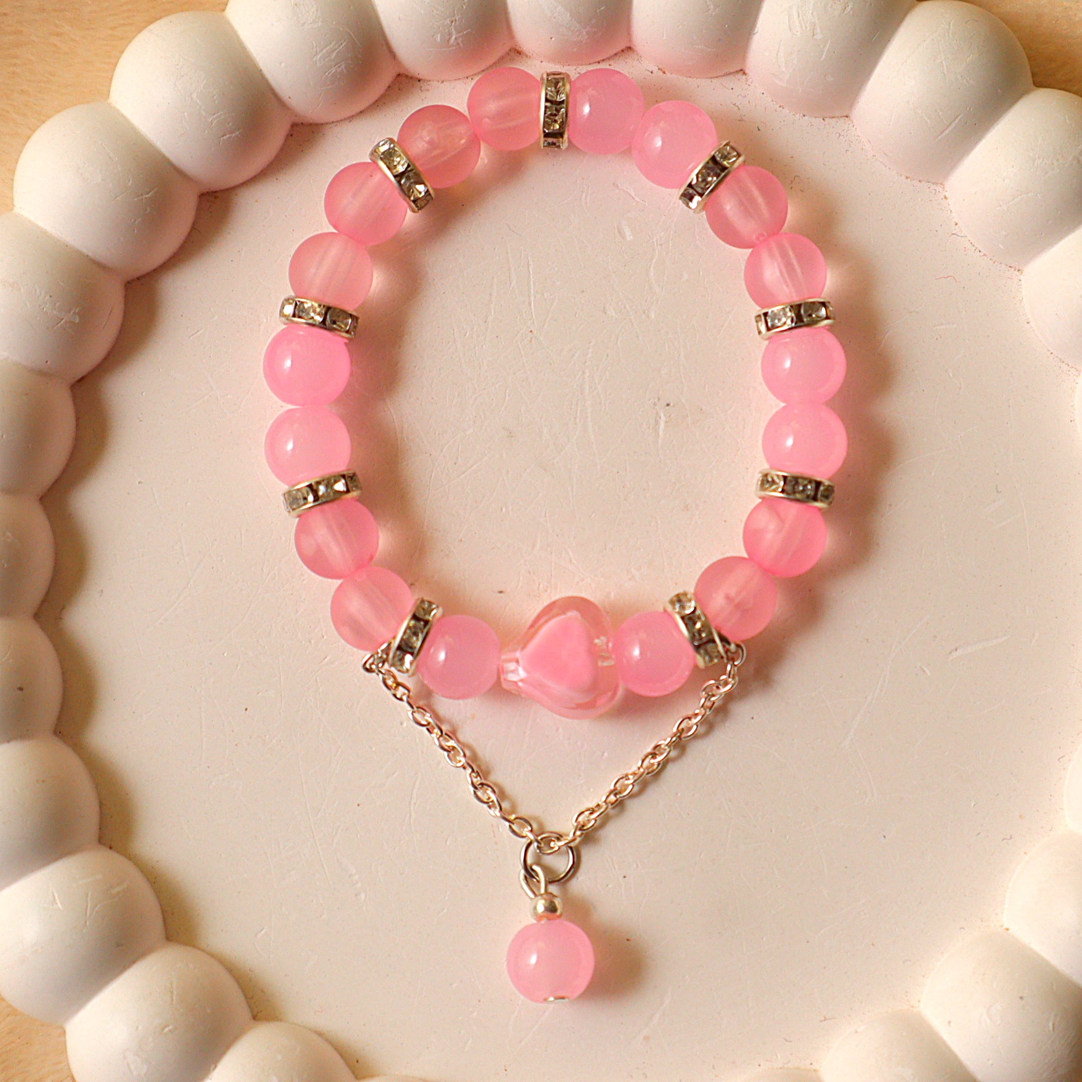 Pink Quartz Heart Charm Bracelet with Draped Chain Accent