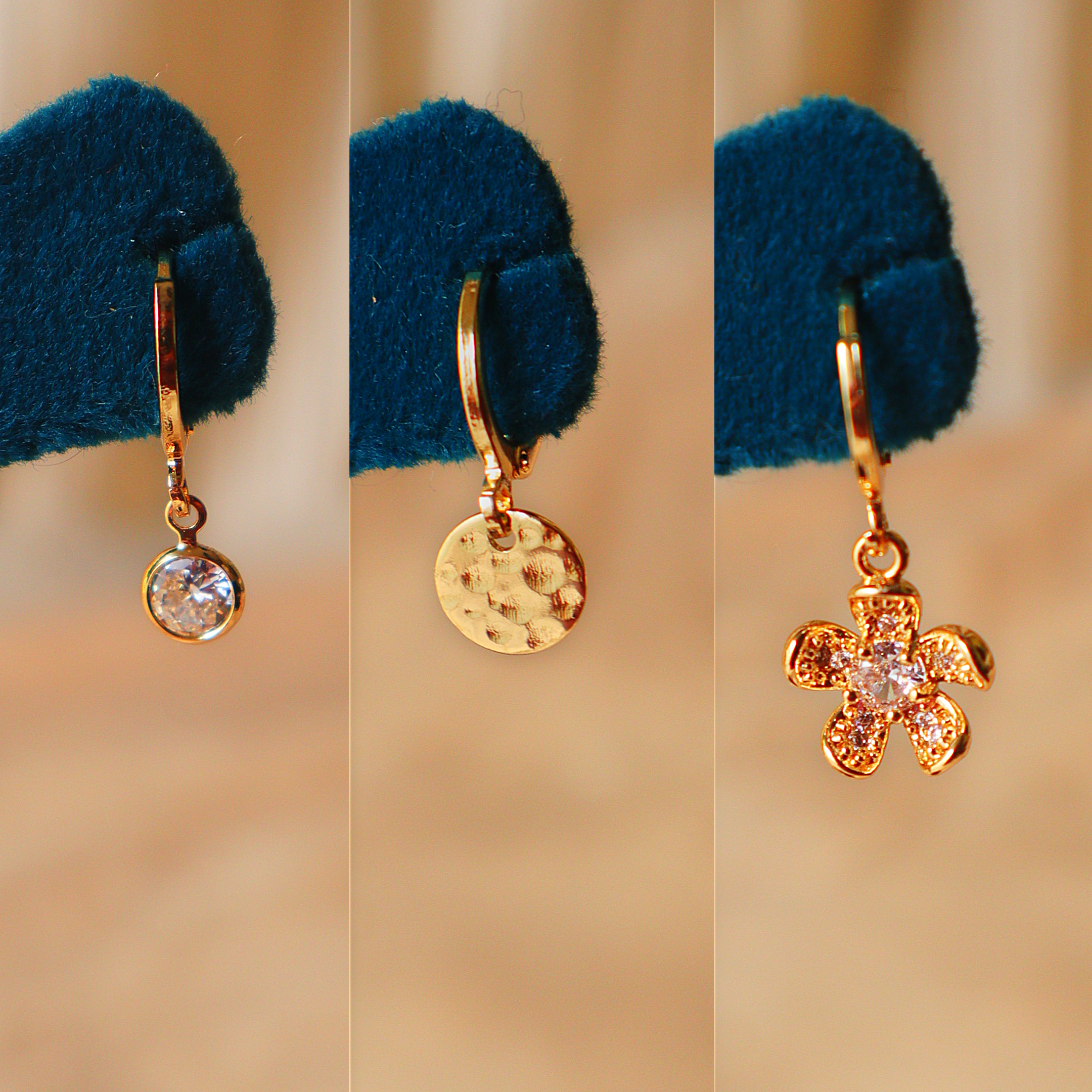 Anti-Tarnish Gold Huggie Hoop Earring Set (3 Pairs) – Crystal Flower & Disc Charm Earrings Combo