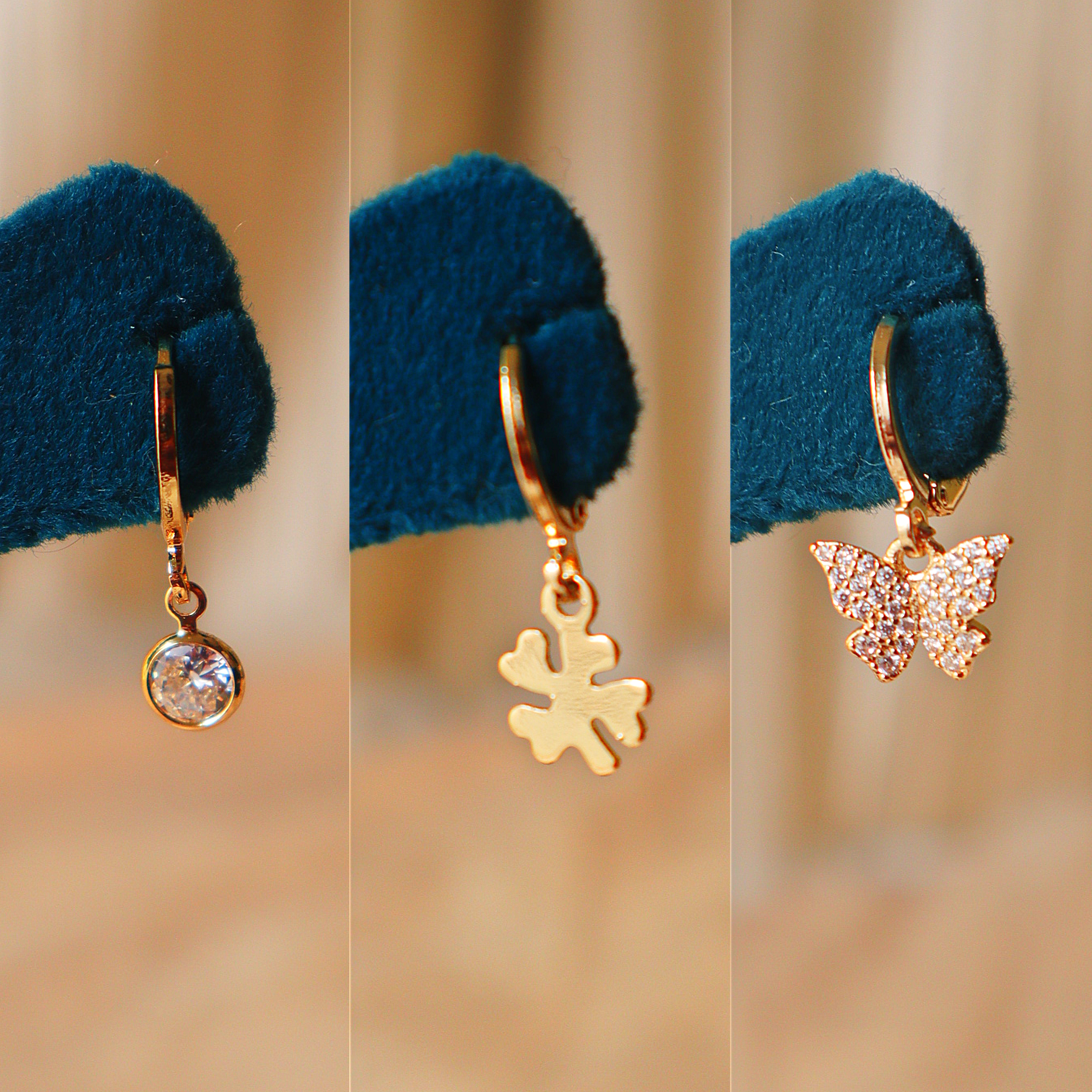 Anti-Tarnish Gold Huggie Hoop Earring Set (3 Pairs) – Crystal Butterfly & Clover Earrings Combo